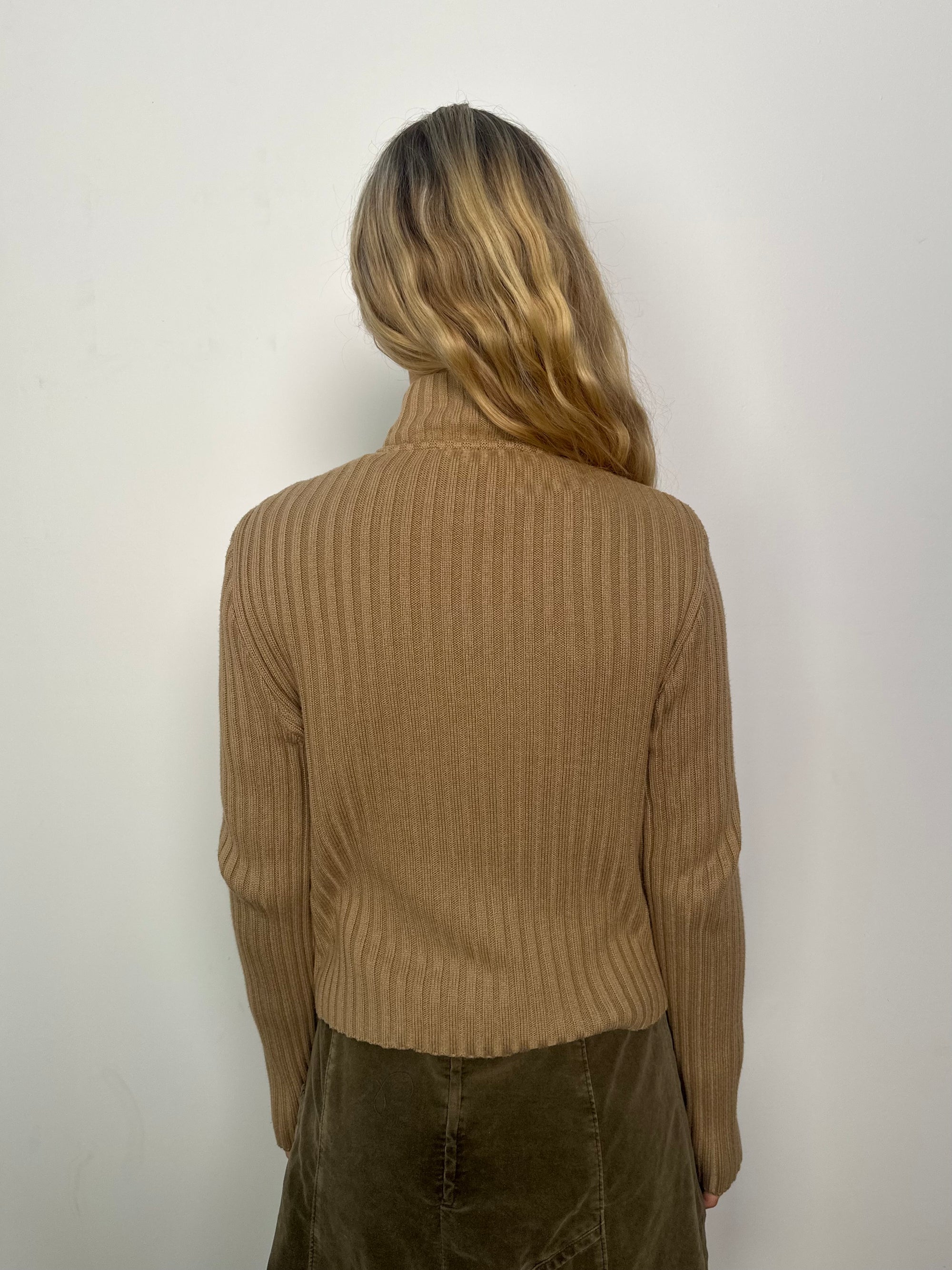 Tan Corduroy Ribbed Knitted Zip Up - Size L