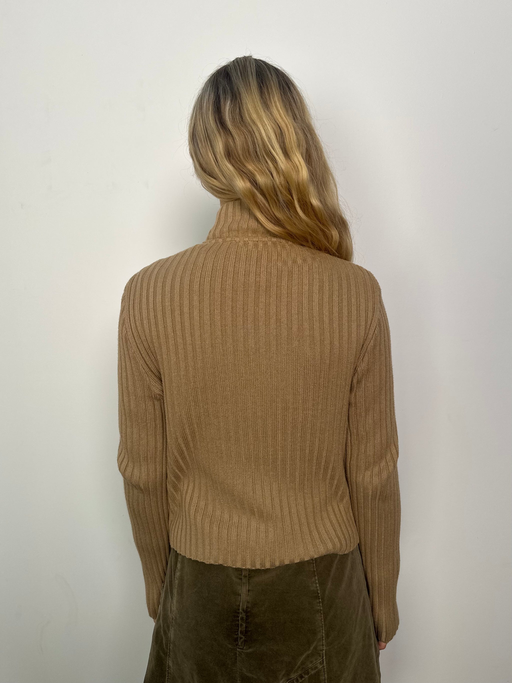 Tan Corduroy Ribbed Knitted Zip Up - Size L