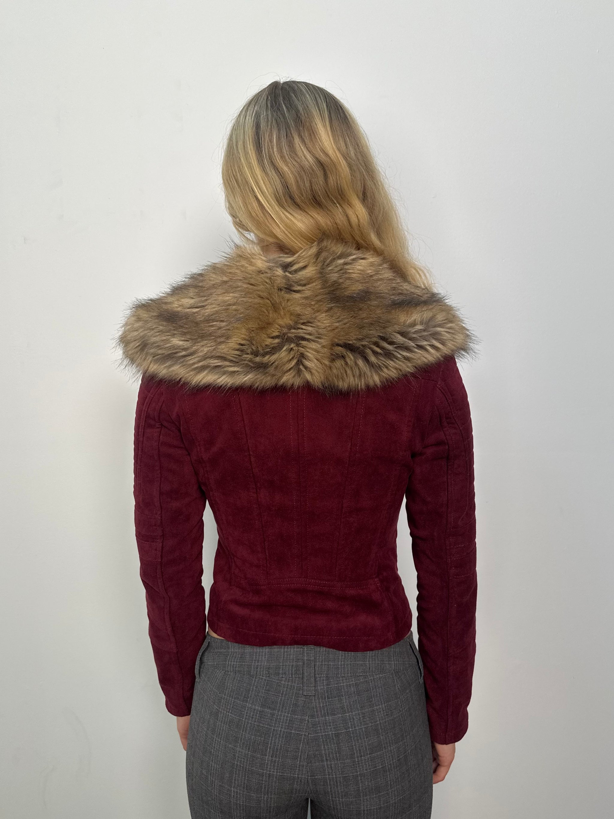 Burgundy Faux Fur Collar Jacket - Size S
