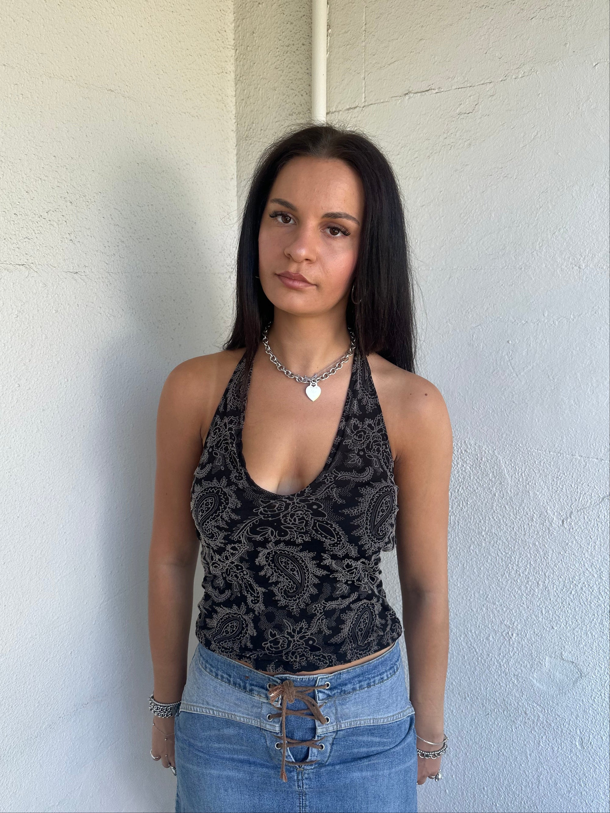 Black Paisley Print Halter Top - Size S