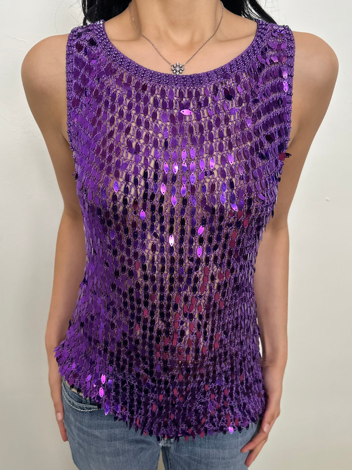 Purple Sequin Crochet Tank Top - Size L