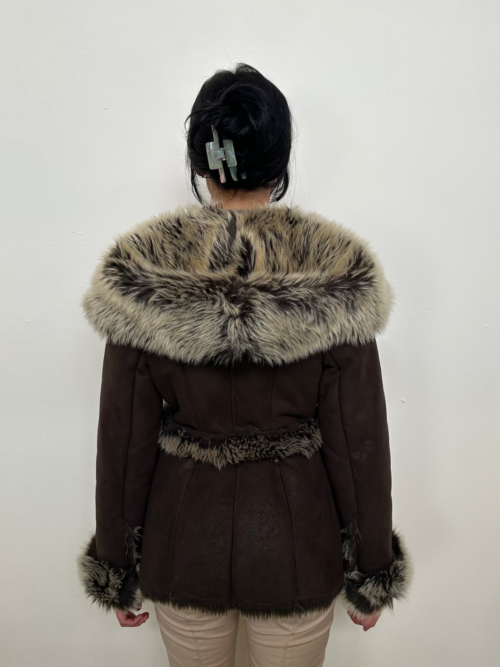 Brown Faux Fur Hooded Jacket - Size M