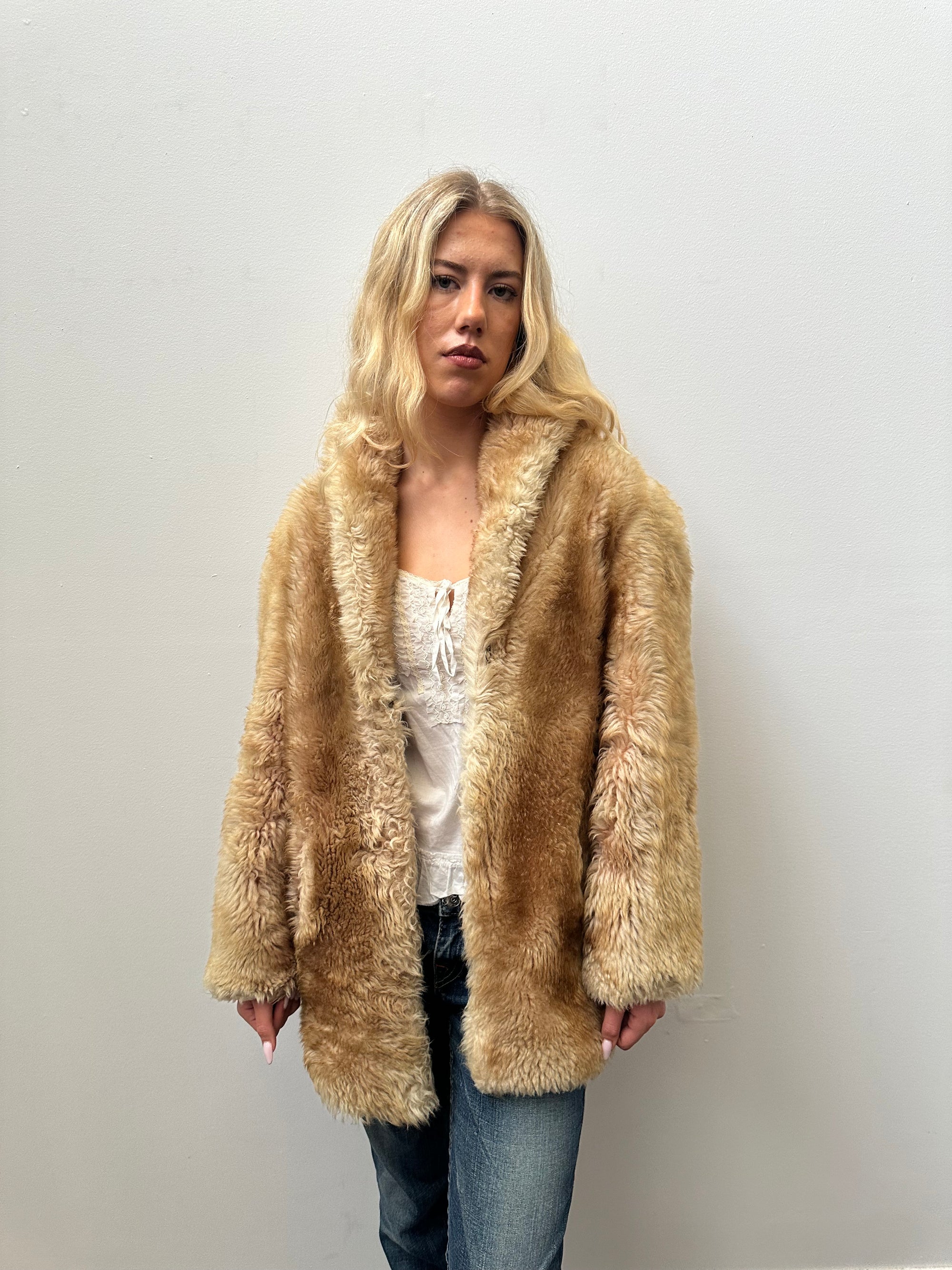 Tan Real Fur Coat - Size L