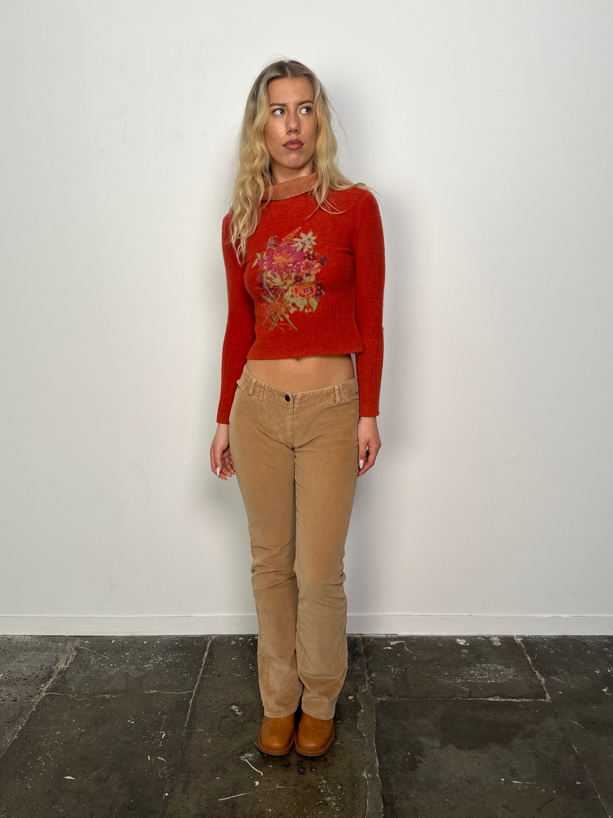 Rust Flower Design Knitted Wool Turtleneck - Size XS