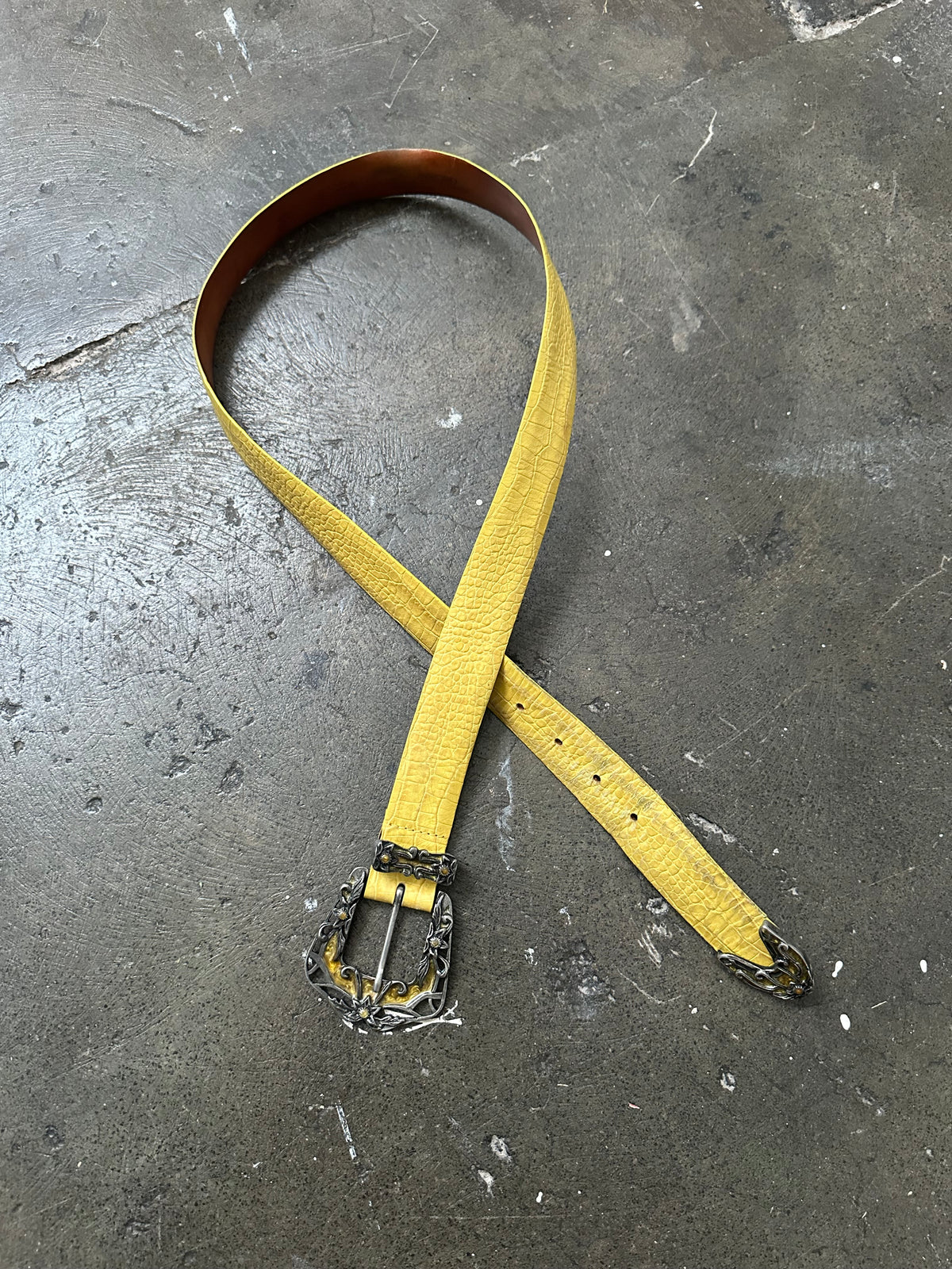 Decorative Silver Buckle Yellow Leather Belt