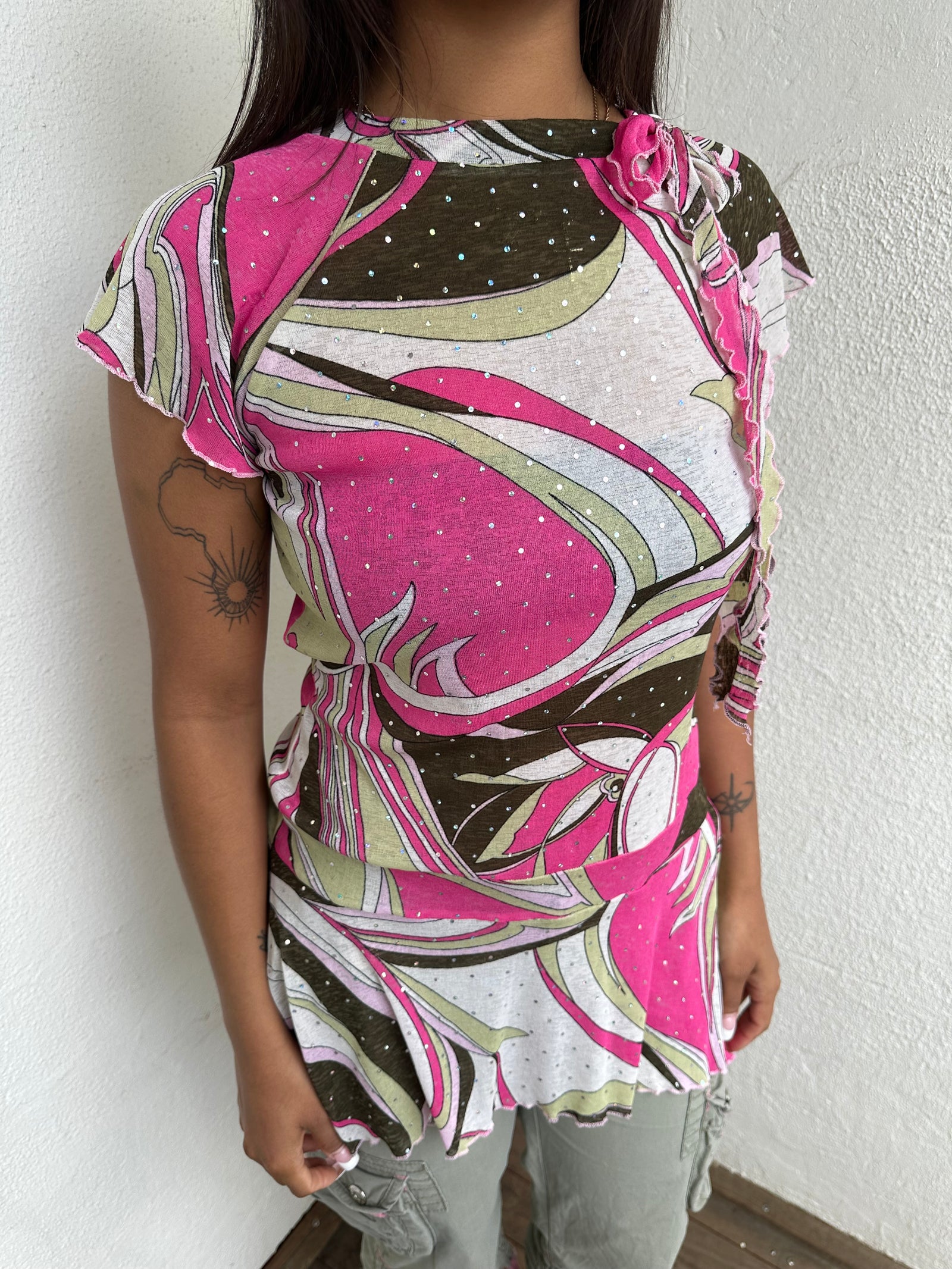 Pink & Brown Sparkly Mesh Asymmetric Top