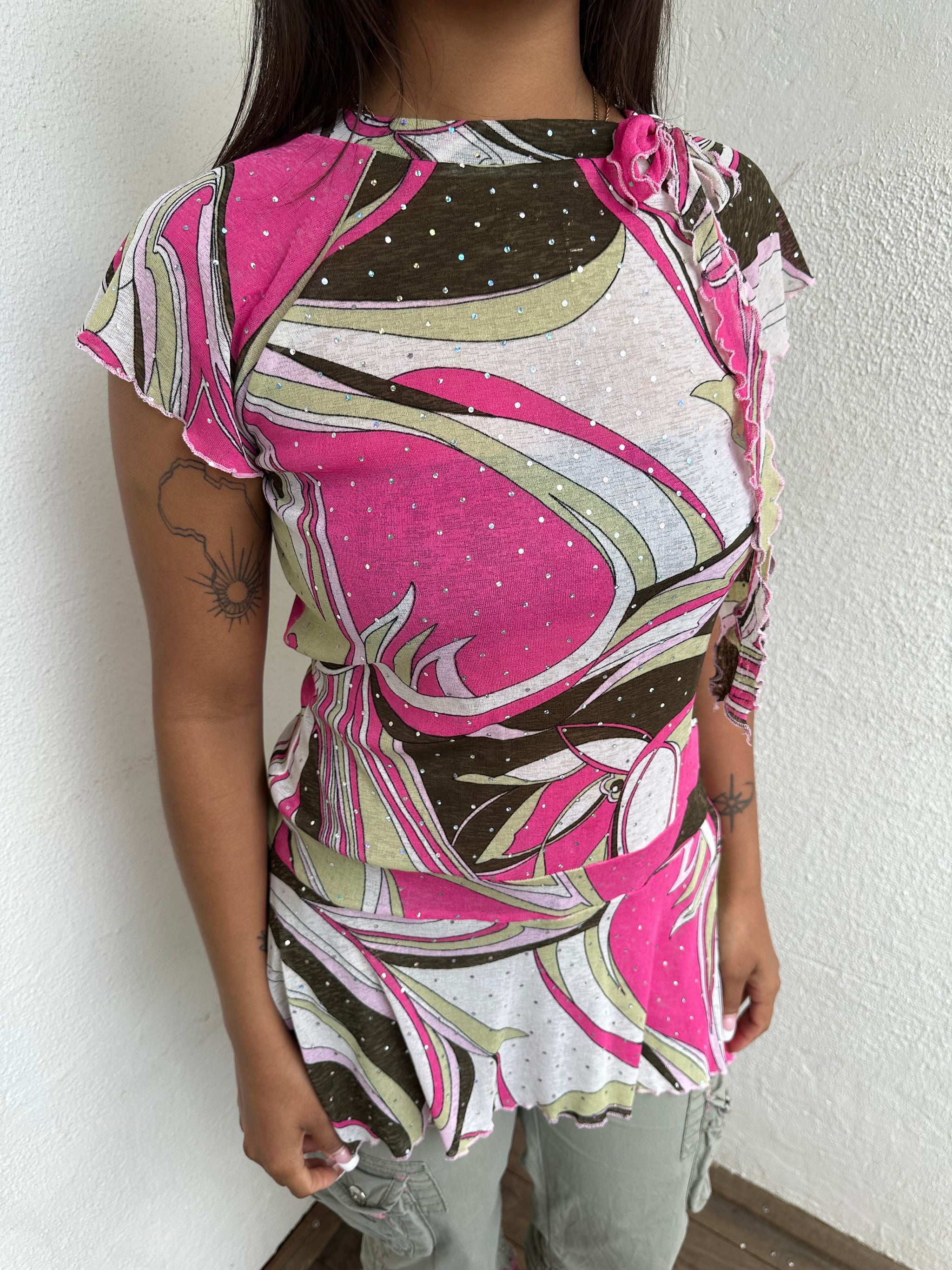Pink & Brown Sparkly Mesh Asymmetric Top