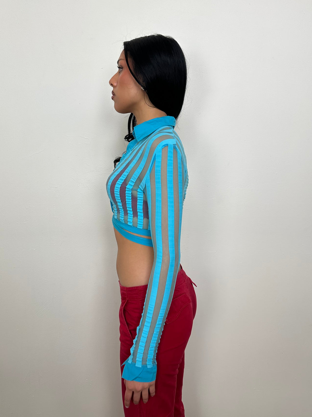Turquoise Stripe Mesh Cropped Shirt - Size XS