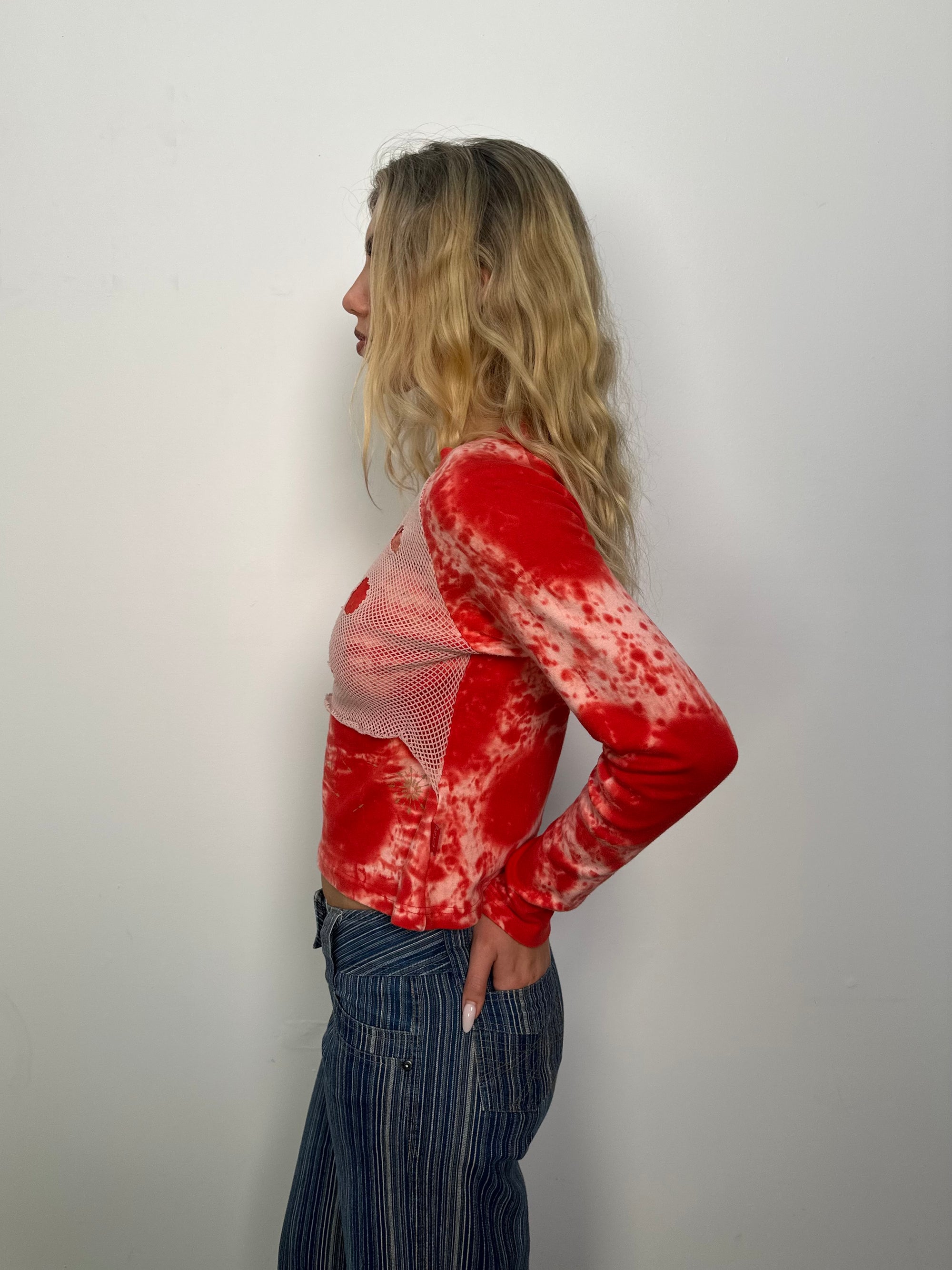 Red Tie Dye Mesh detail Long Sleeve Top - Size S