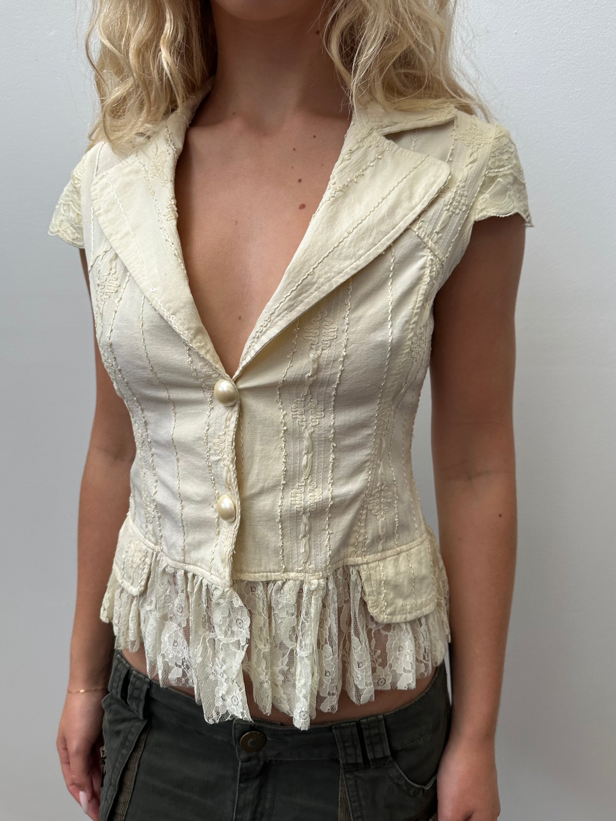 Cream Vneck Lace Peplum Shirt - Size S