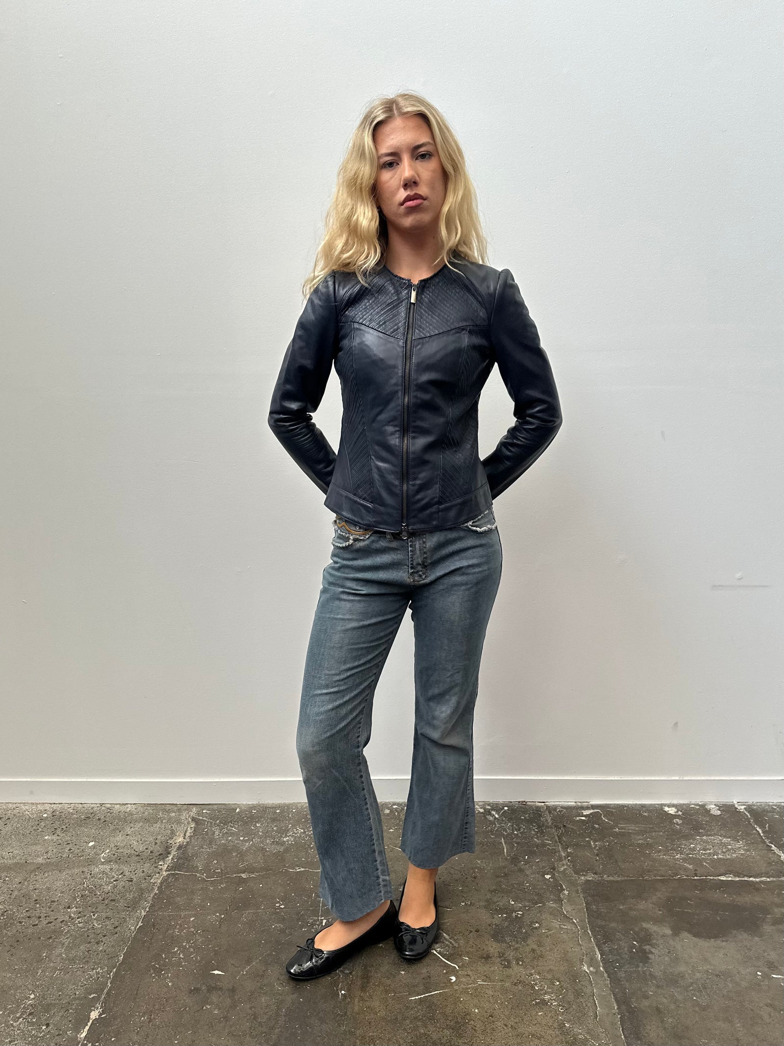 Navy Double Zip Fitted Leather Jacket - Size S