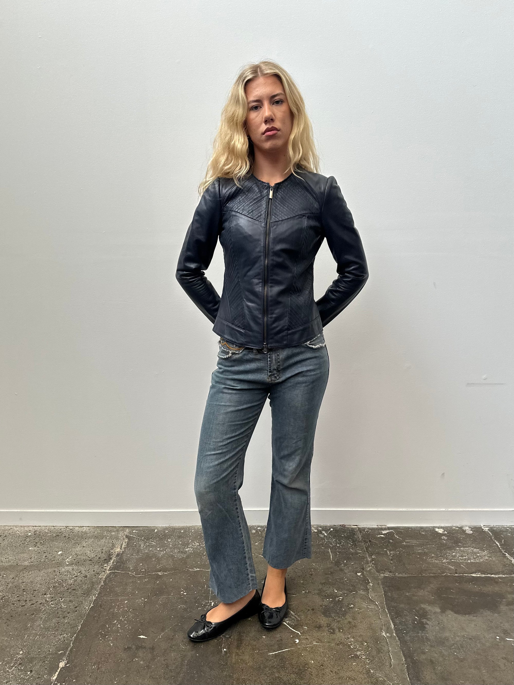 Navy Double Zip Fitted Leather Jacket - Size S