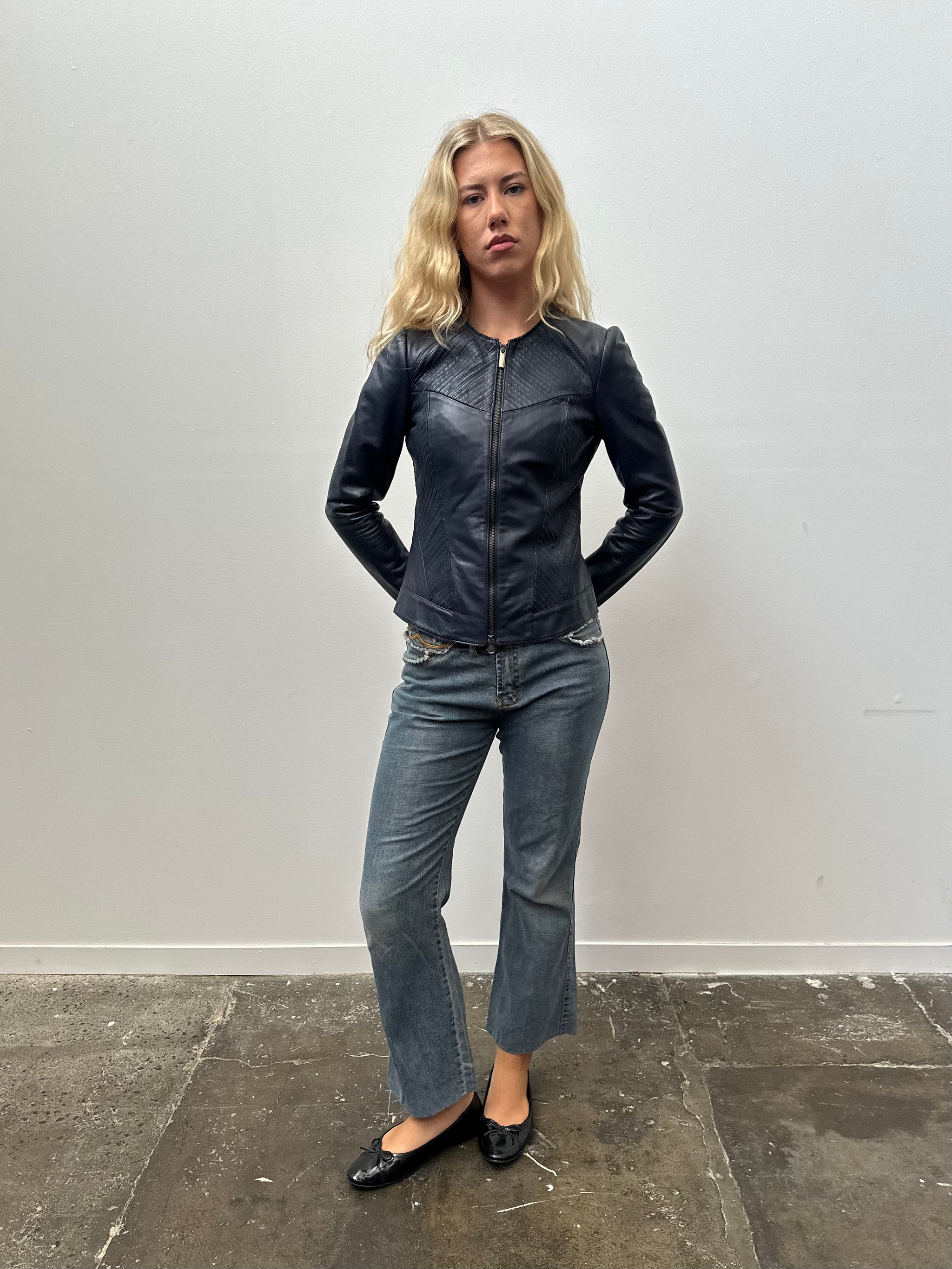 Navy Double Zip Fitted Leather Jacket - Size S