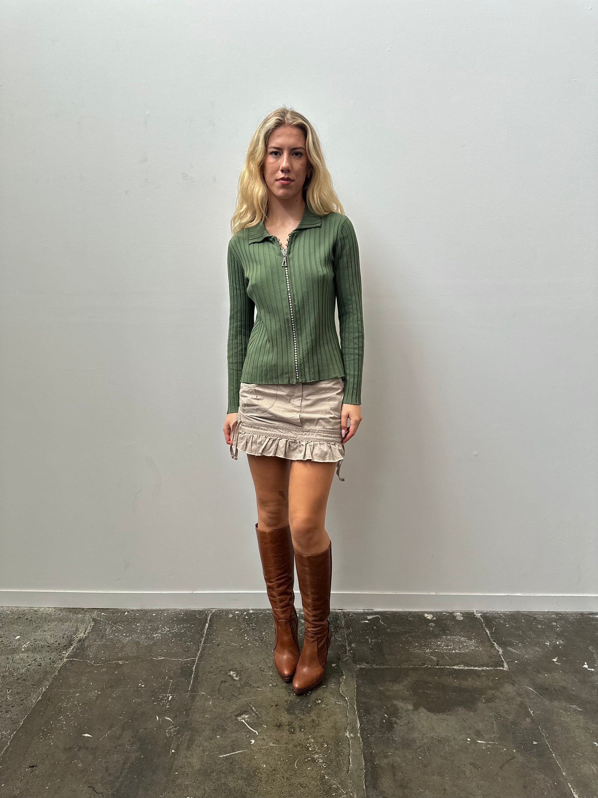 Green Ribbed Rhinestone Zip Up Shirt - Size M