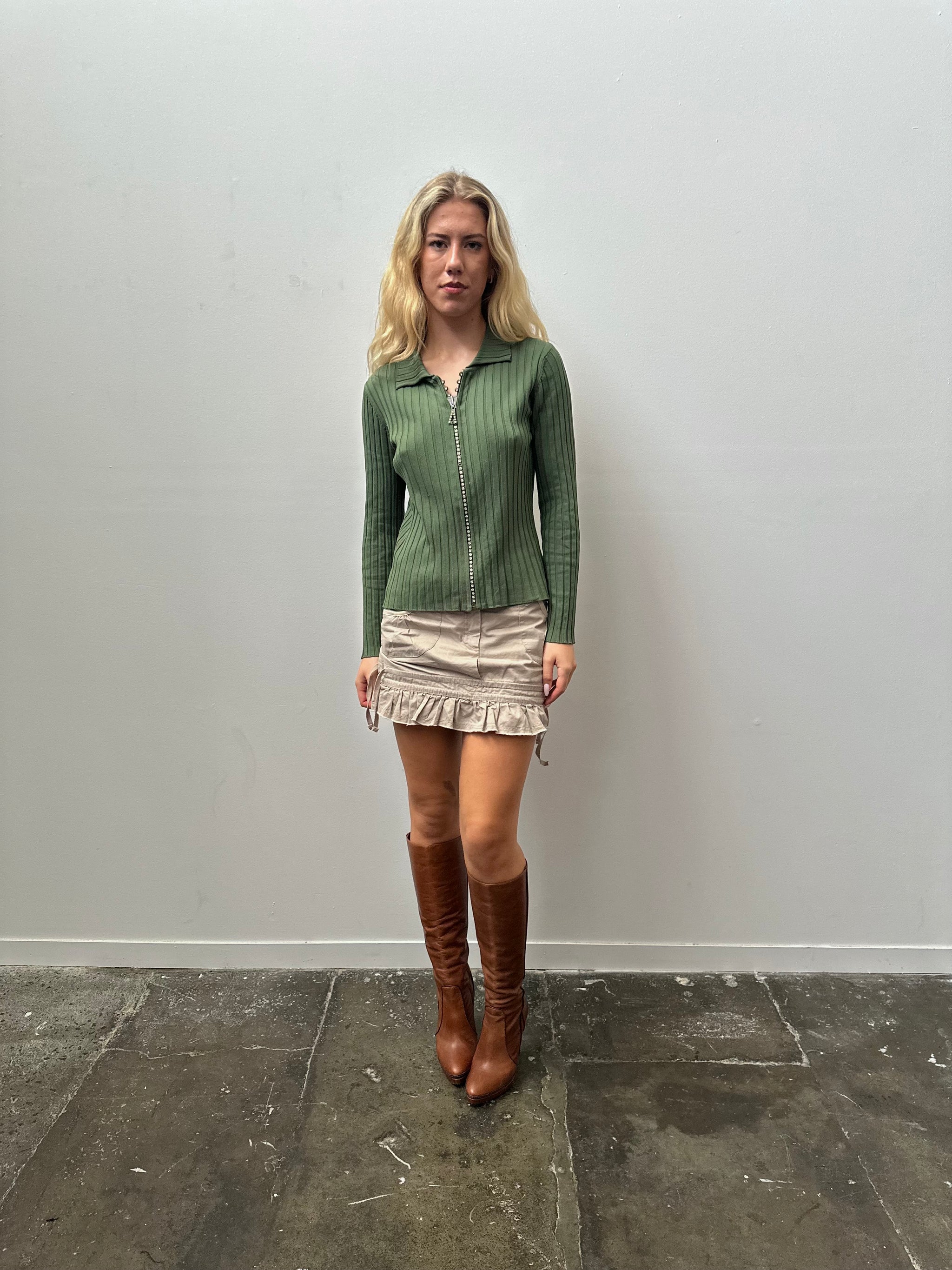 Green Ribbed Rhinestone Zip Up Shirt - Size M