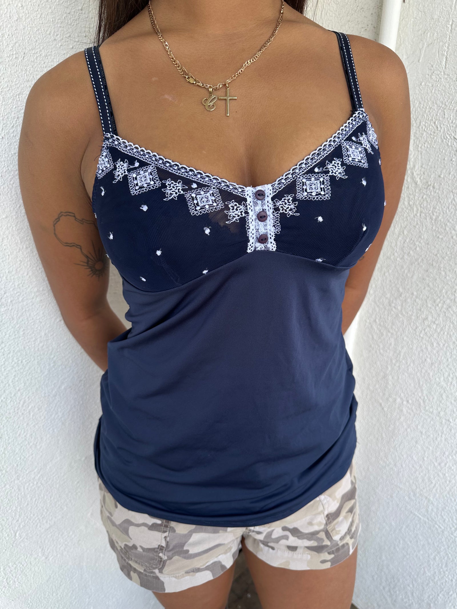 Navy Embroidered Cami Top