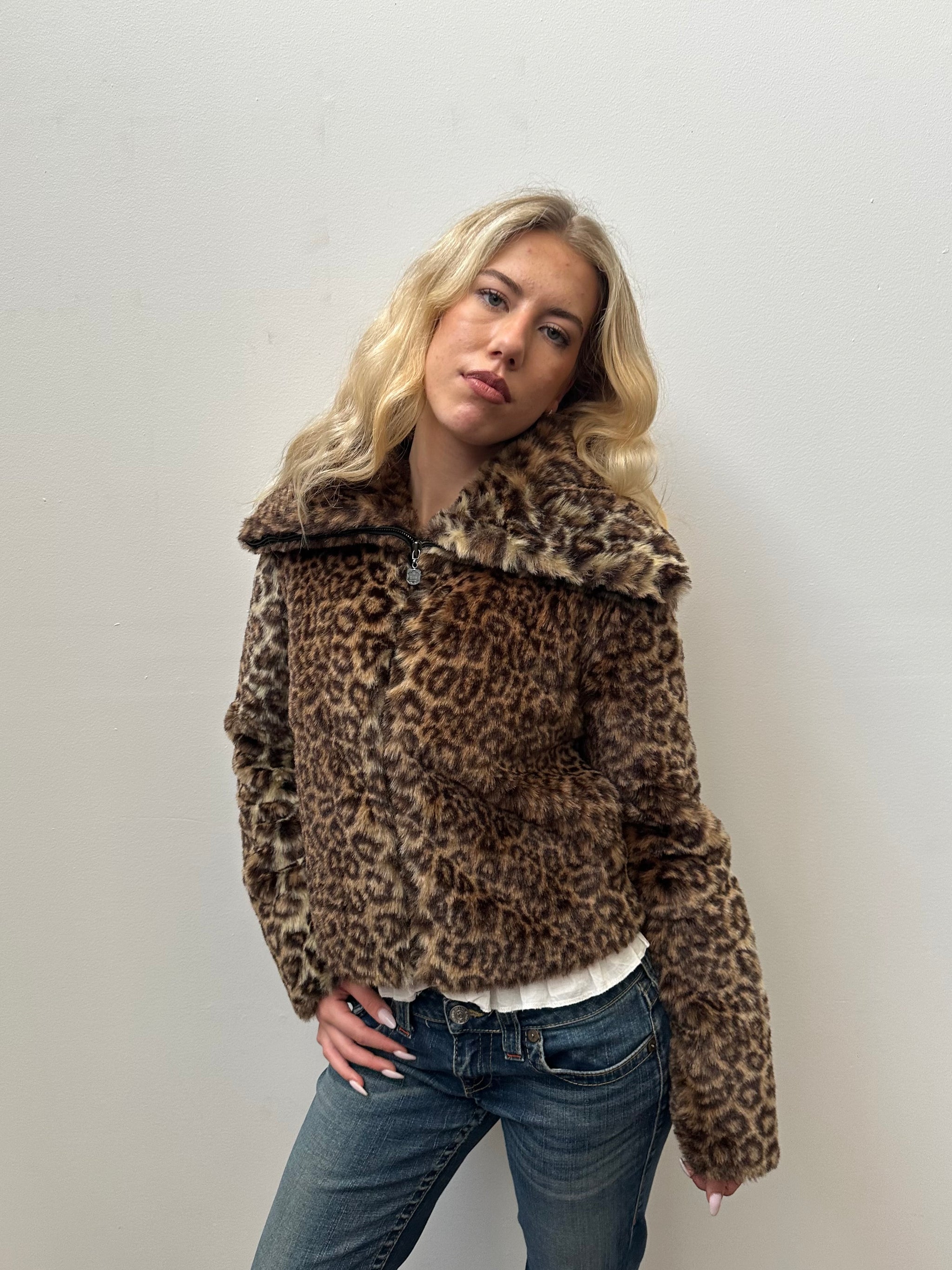 Leopard Print Faux Fur Jacket - Size M