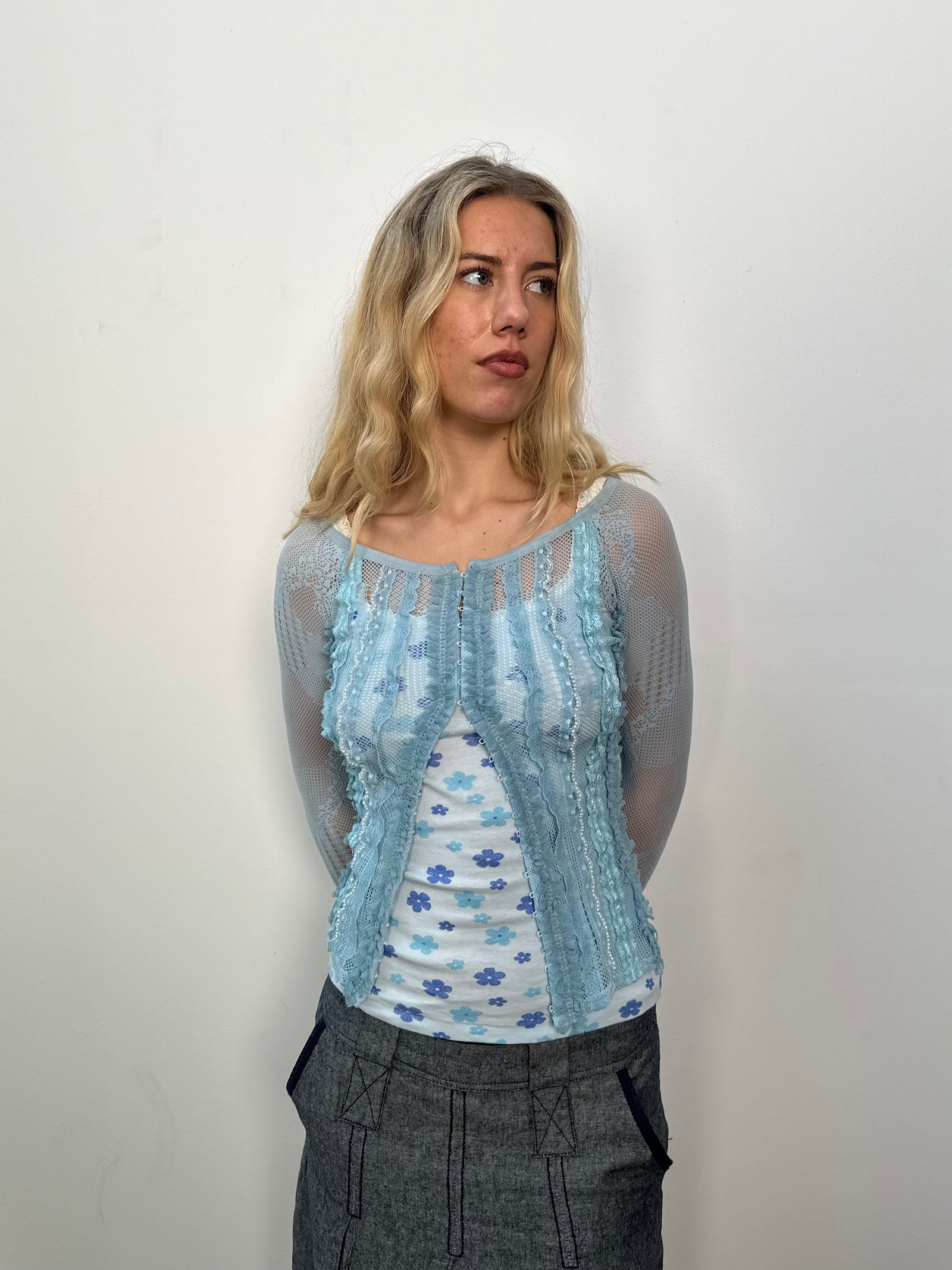 Baby Blue Lace Hook & Eye Cardigan - Size S