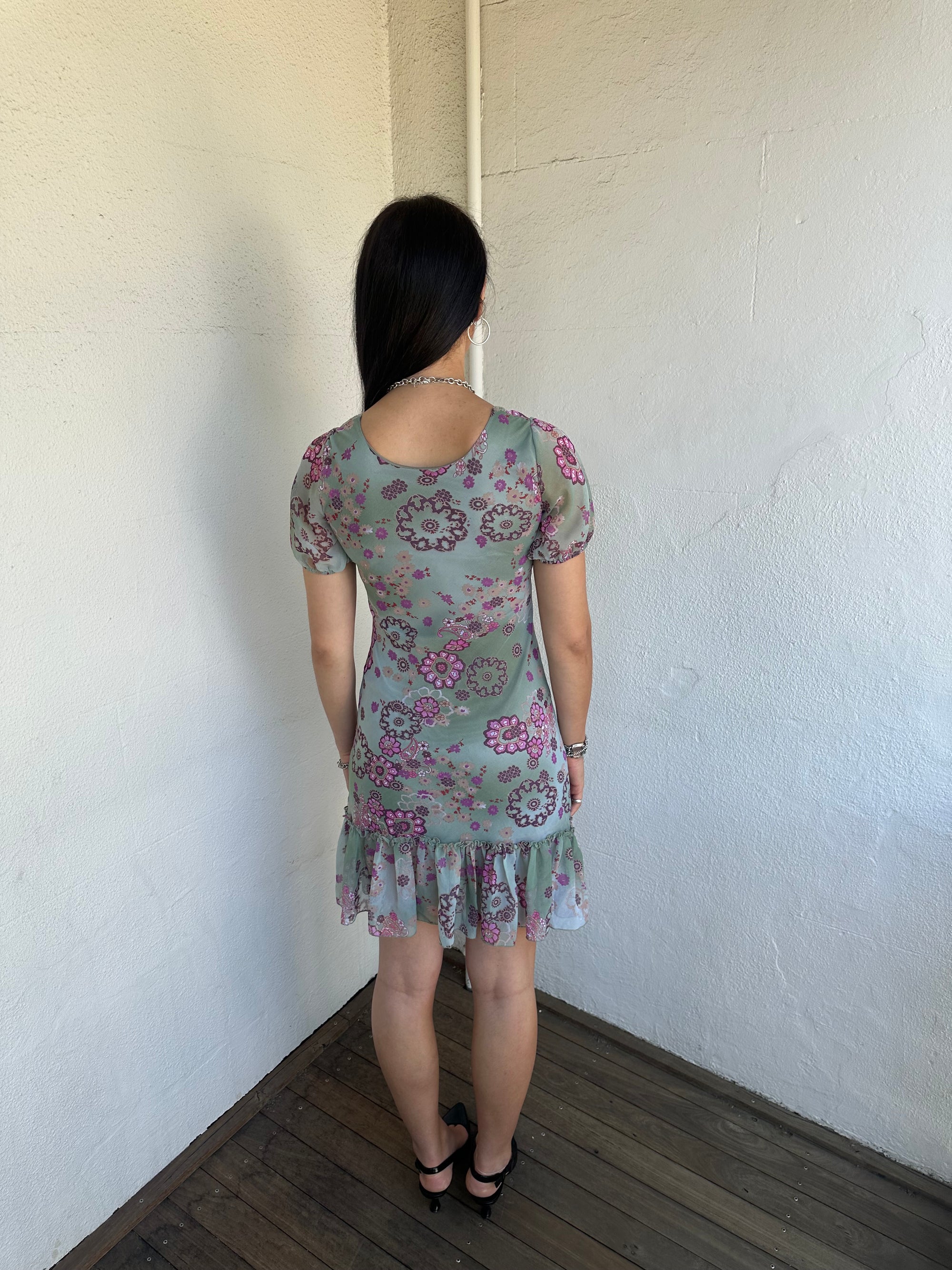 Green & Pink Floral Milkmaid Dress - Size S