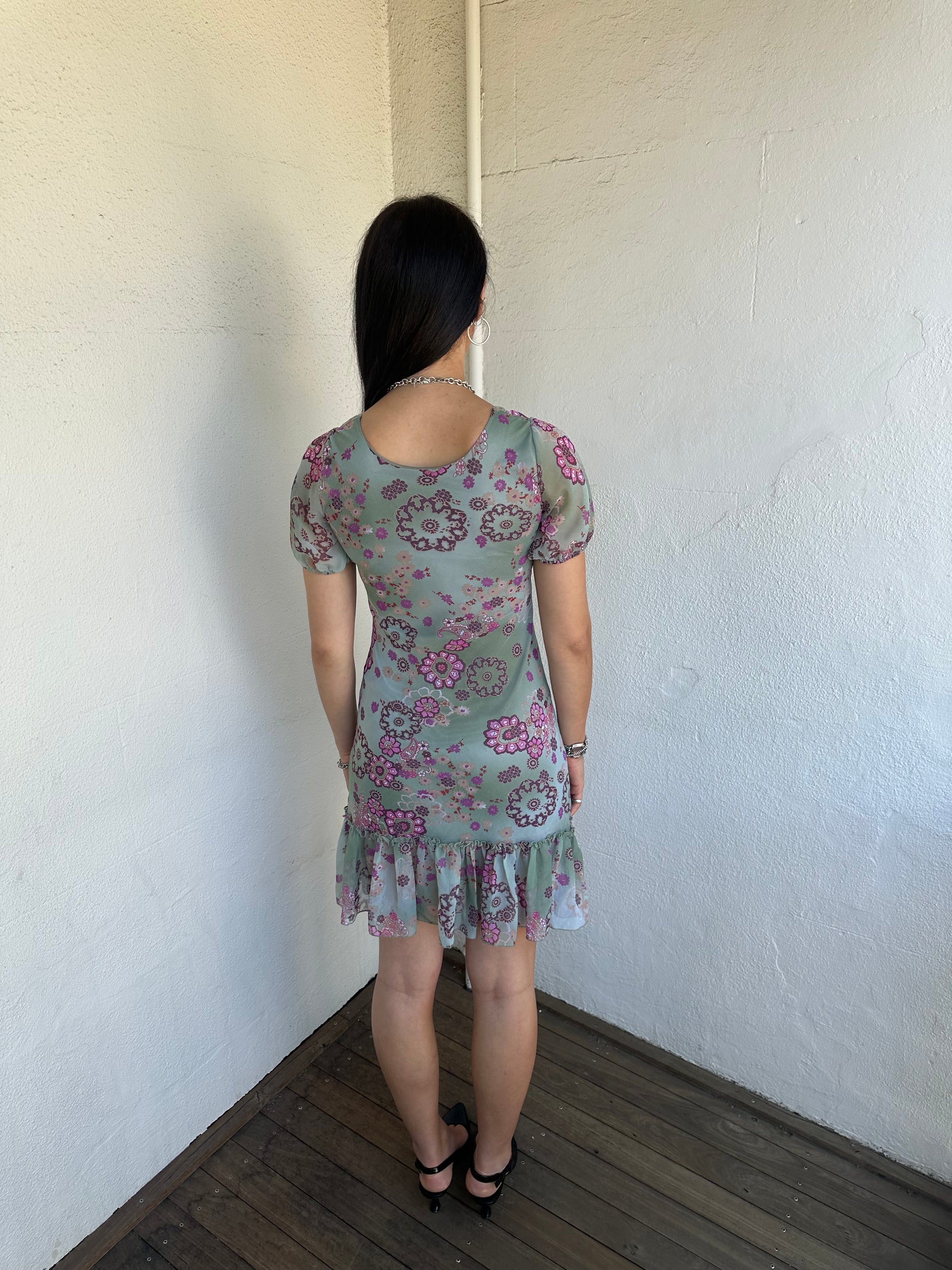 Green & Pink Floral Milkmaid Dress - Size S