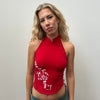 Y2K Red & White Floral Print Halter Top - Size S