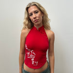 Y2K Red & White Floral Print Halter Top - Size S