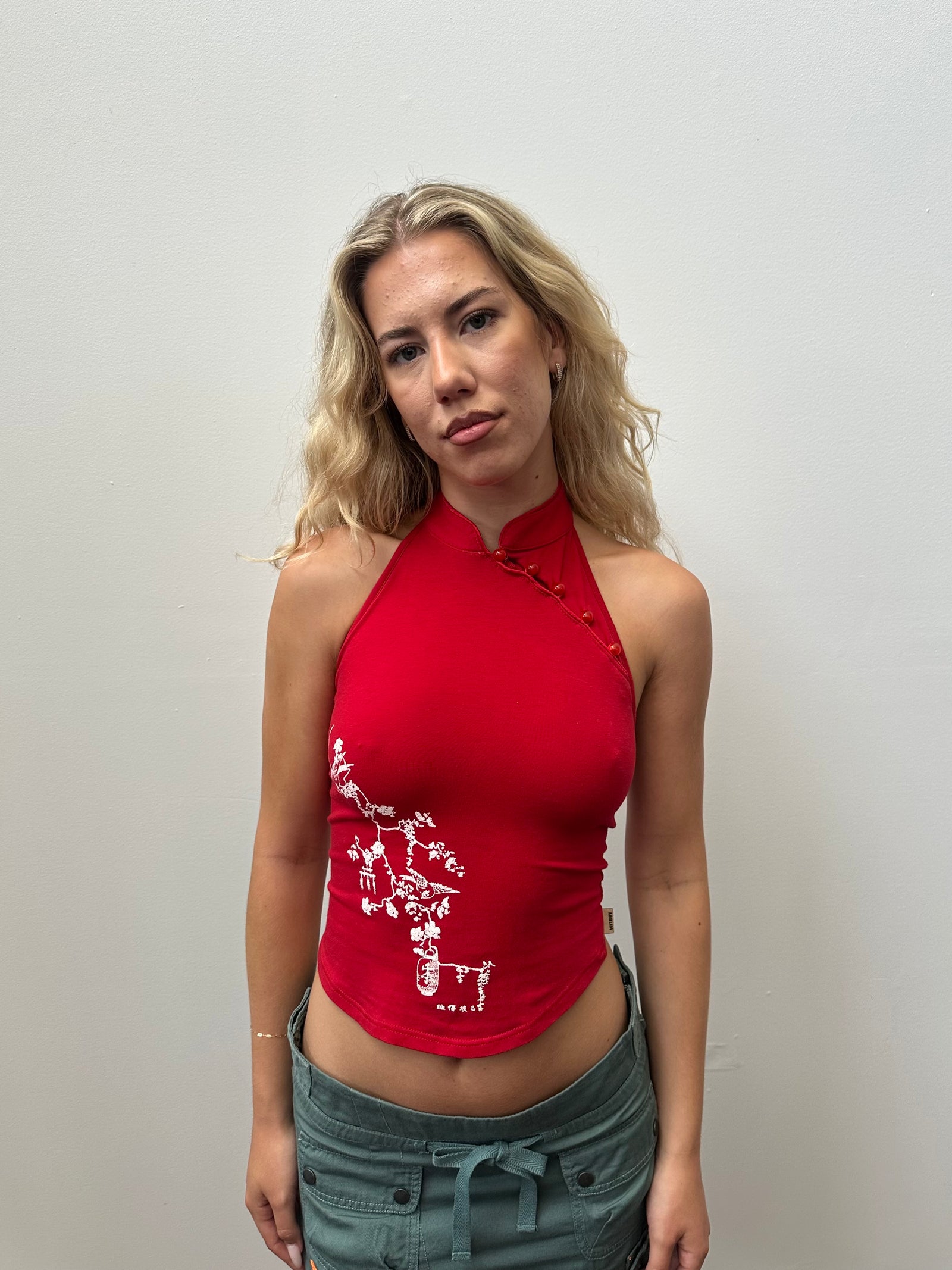 Y2K Red & White Floral Print Halter Top - Size S