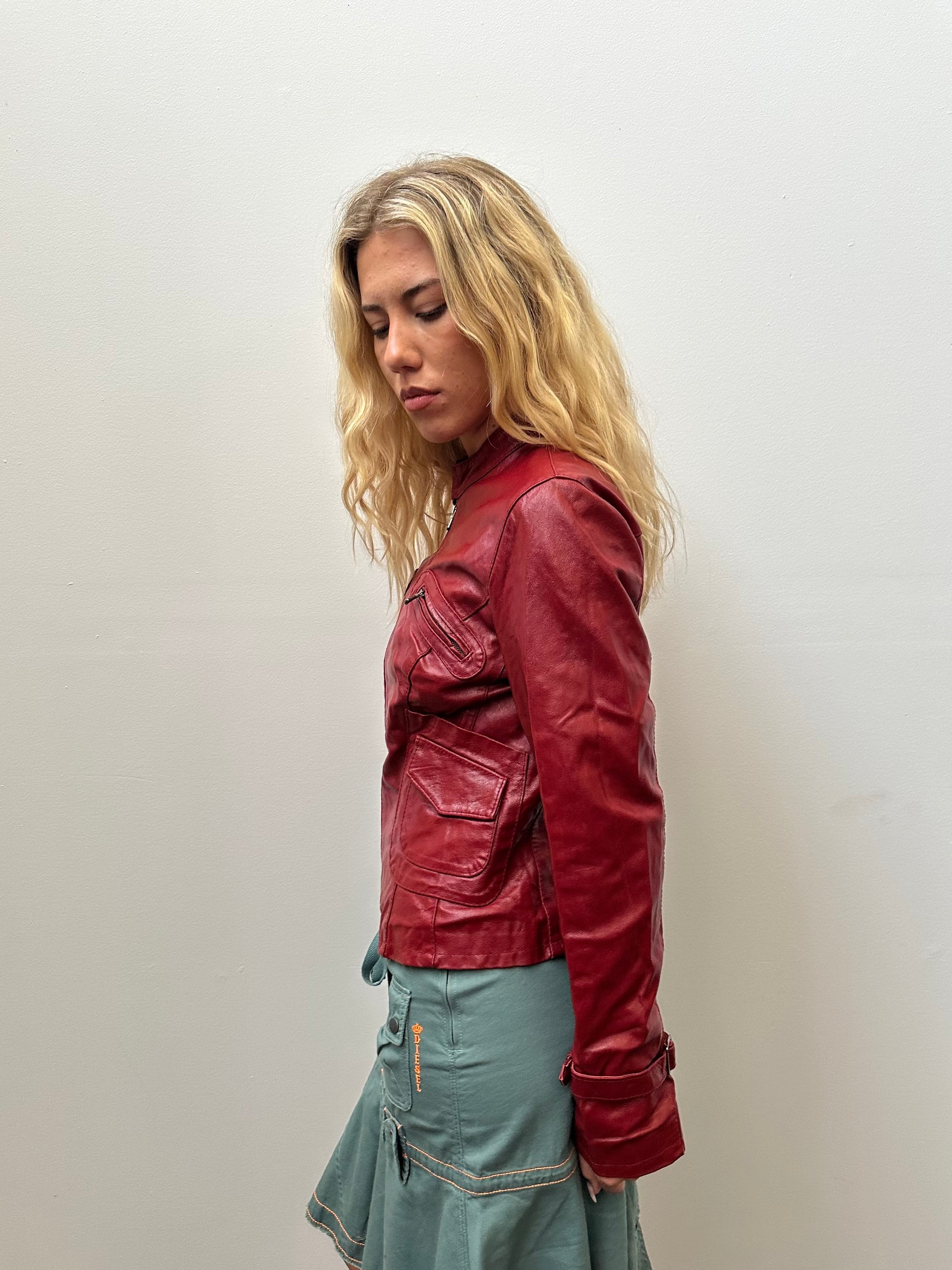 Red Leather Biker Style Jacket - Size M