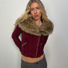 Burgundy Faux Fur Collar Jacket - Size S