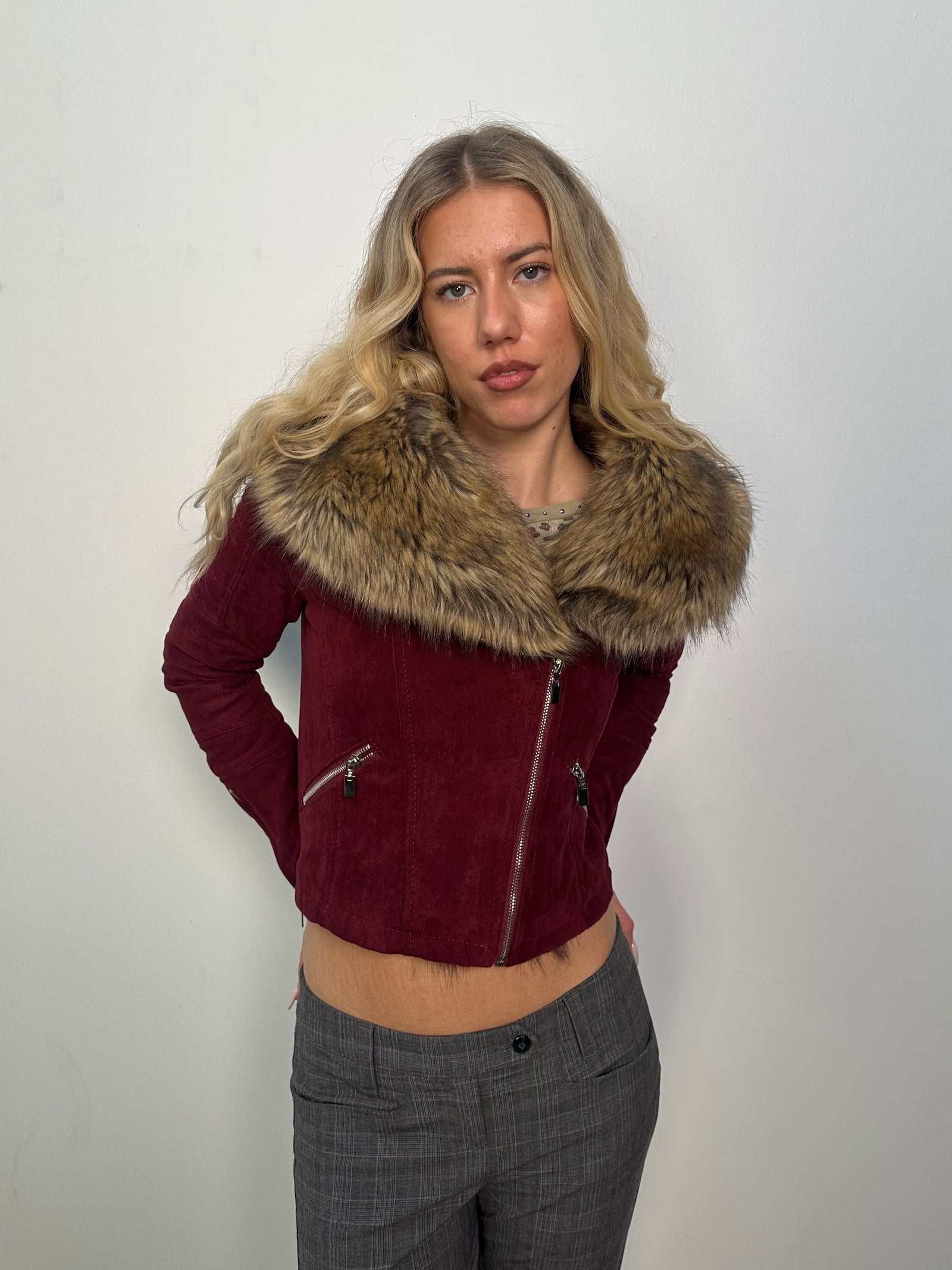 Burgundy Faux Fur Collar Jacket - Size S