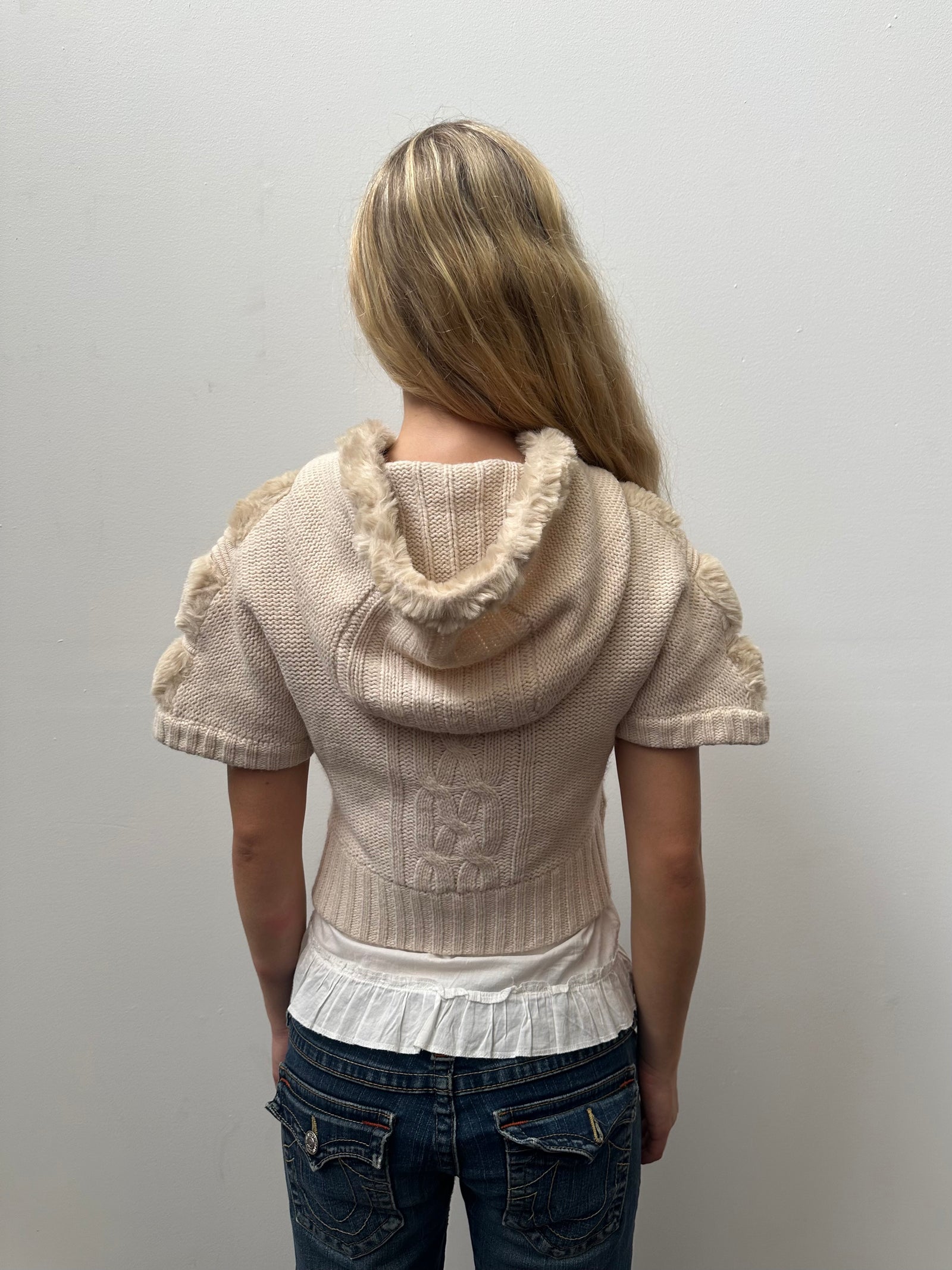 Cream Faux Fur Knitted Hoodie - Size S