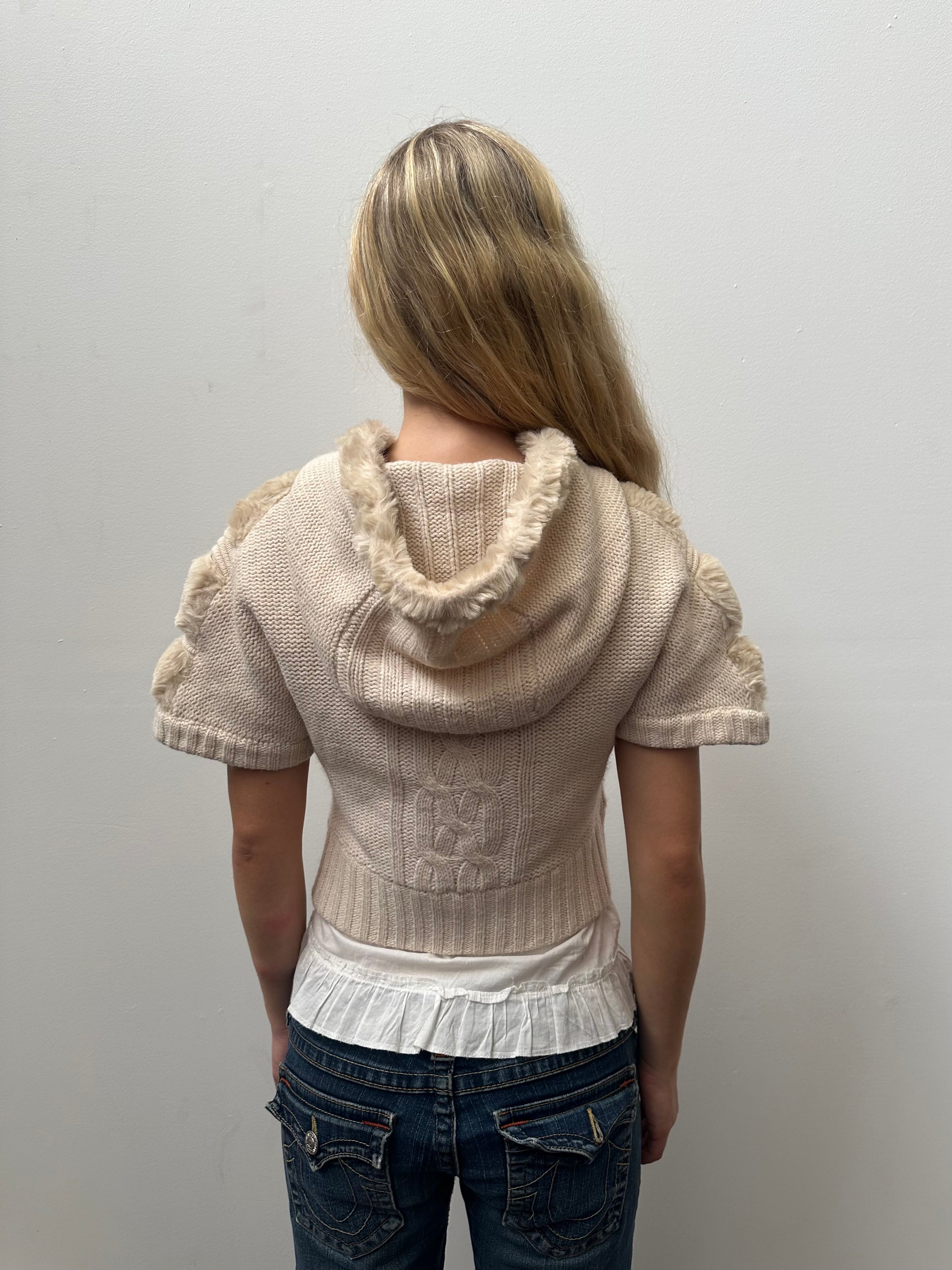 Cream Faux Fur Knitted Hoodie - Size S