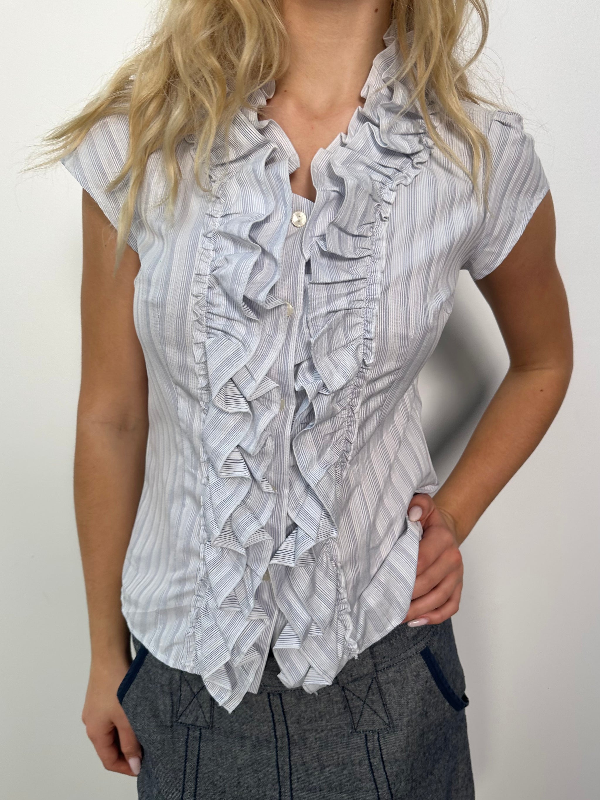 Baby Blue Stripe Ruffle Front Shirt - Size S