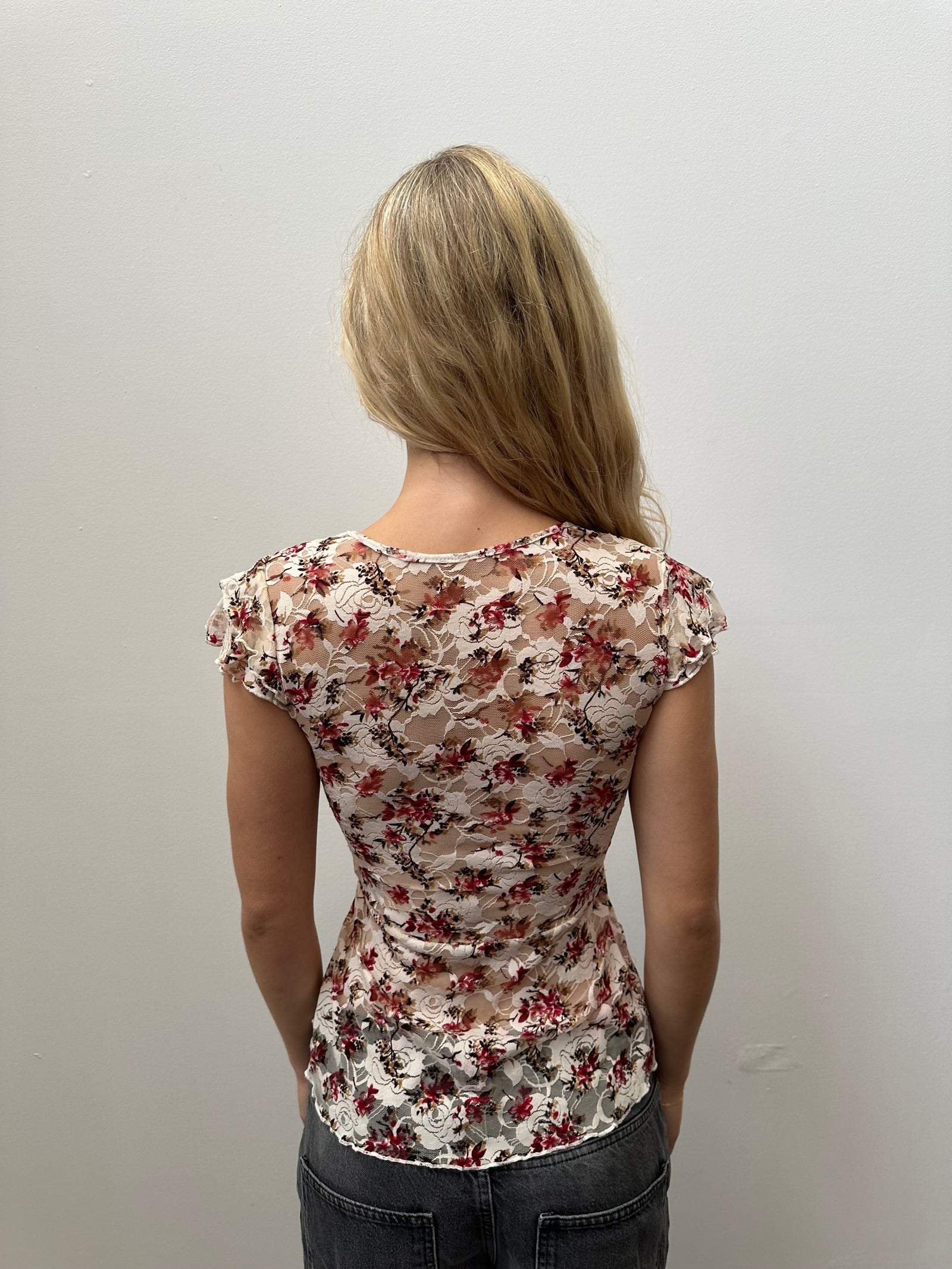 Cream & Red Floral Lace Wrap Top
