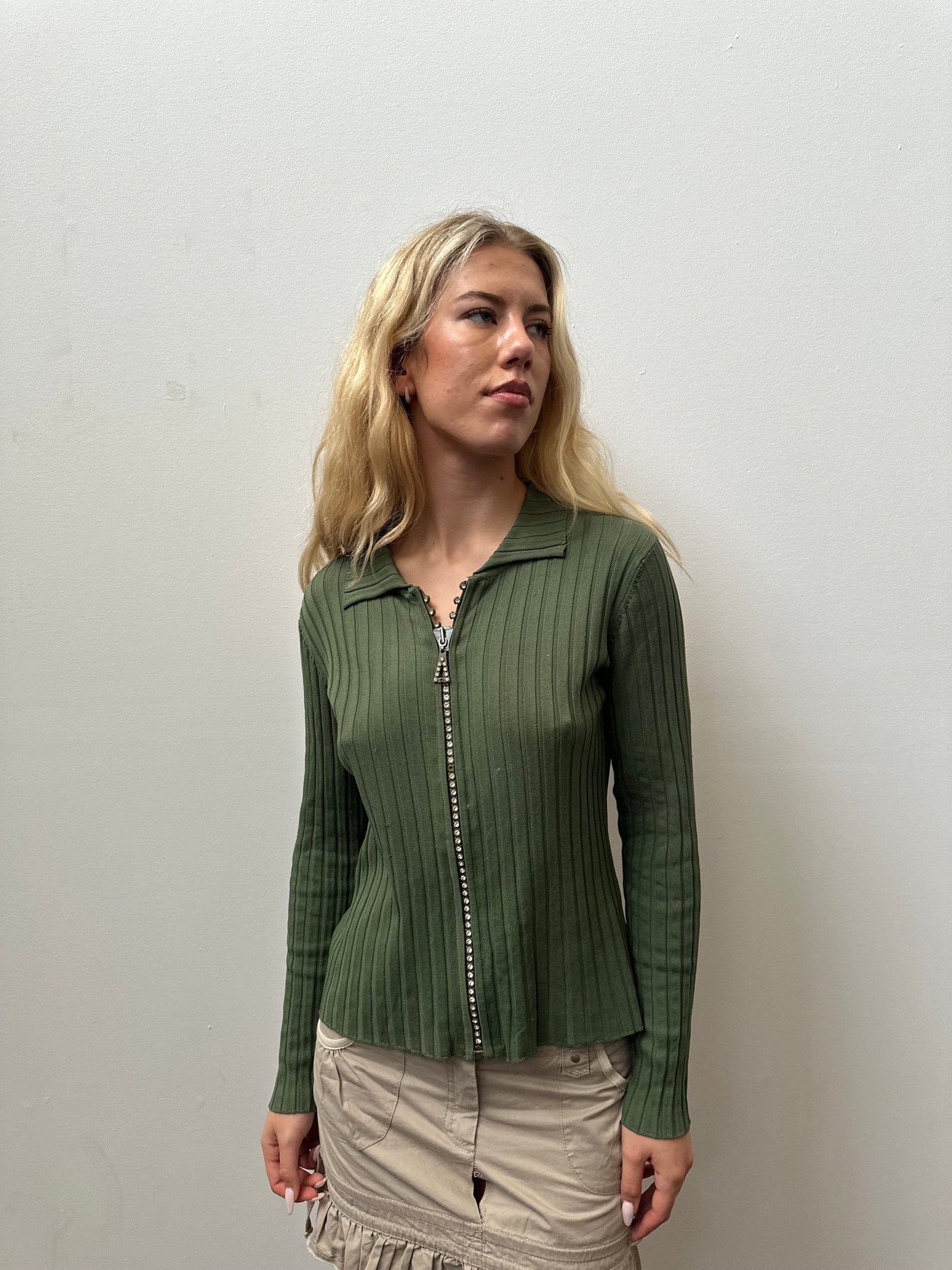 Green Ribbed Rhinestone Zip Up Shirt - Size M