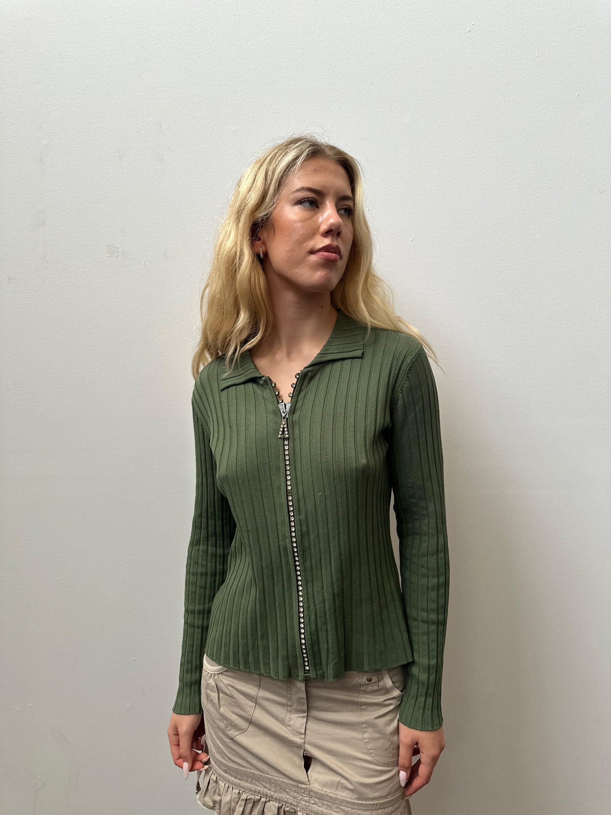 Green Ribbed Rhinestone Zip Up Shirt - Size M