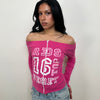 Hot Pink Graphic Print Off The Shoulder Top - Size S
