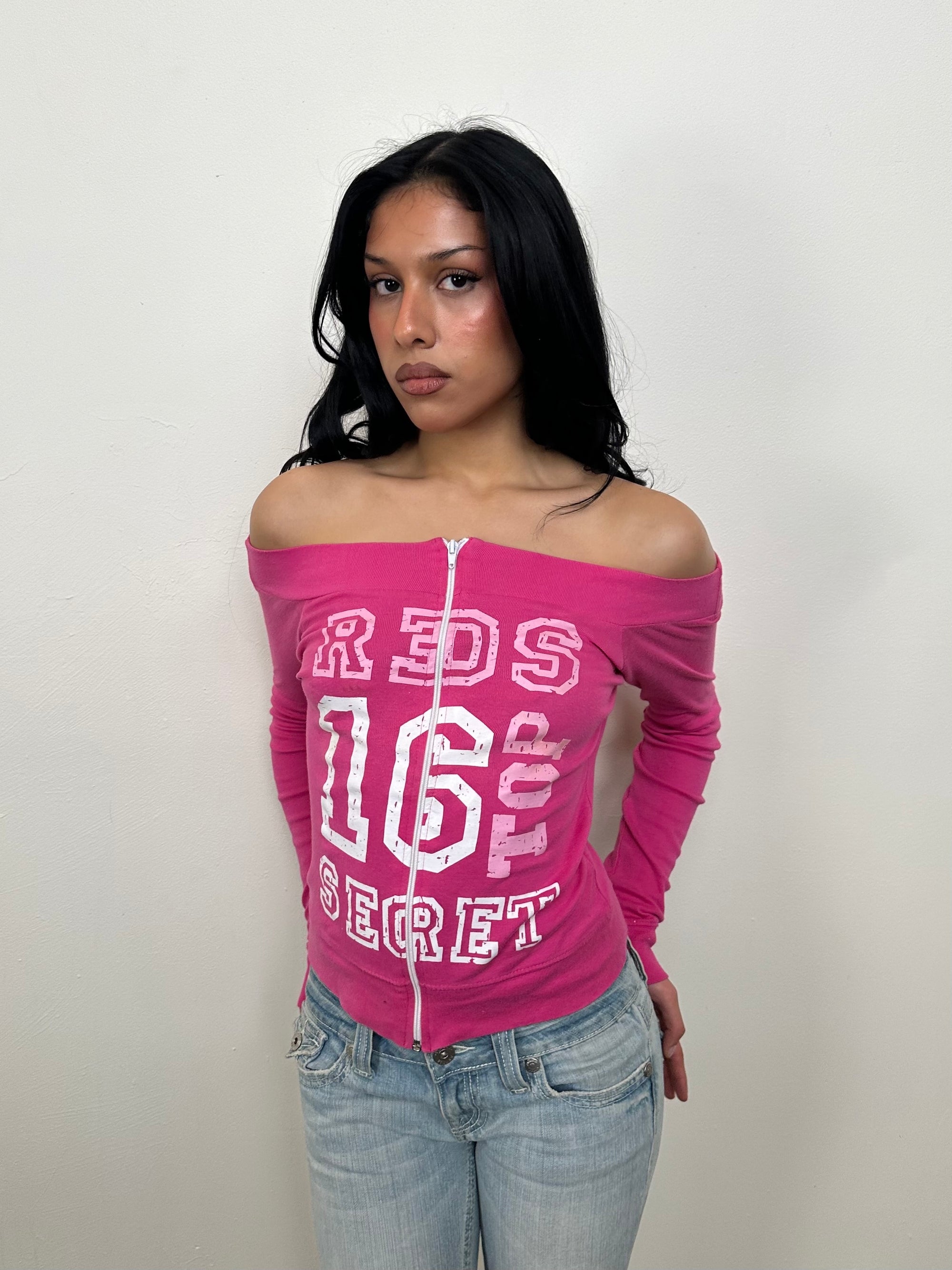 Hot Pink Graphic Print Off The Shoulder Top - Size S