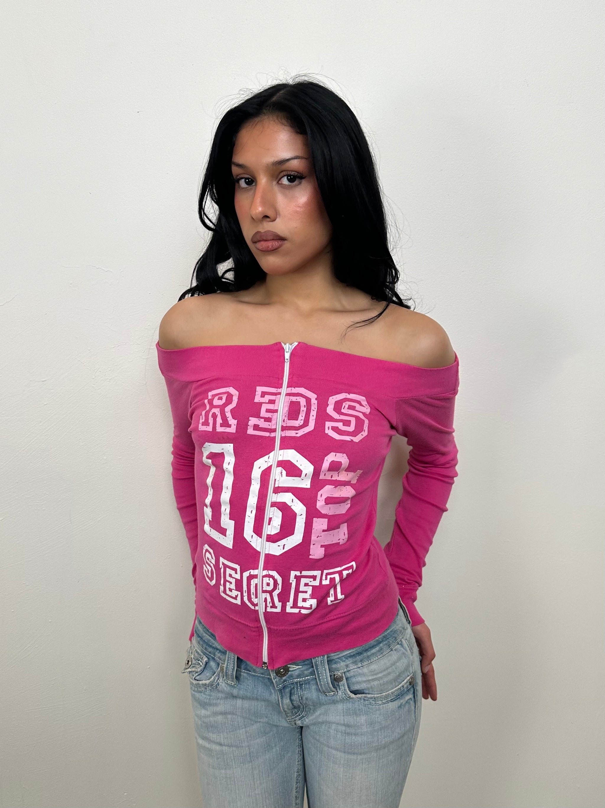 Hot Pink Graphic Print Off The Shoulder Top - Size S