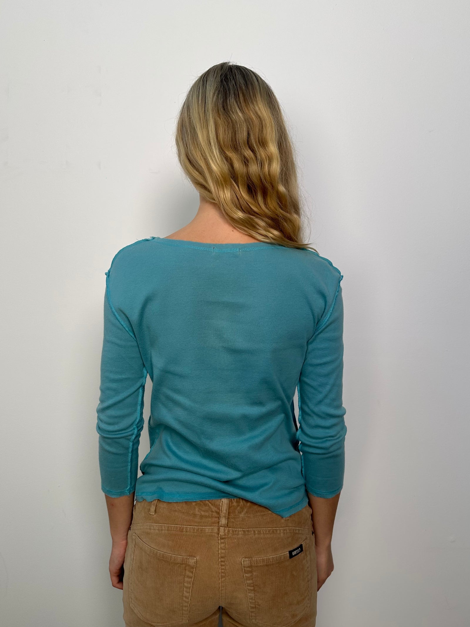 Mid Blue Graphic Print 3/4 Sleeve Top - Size M