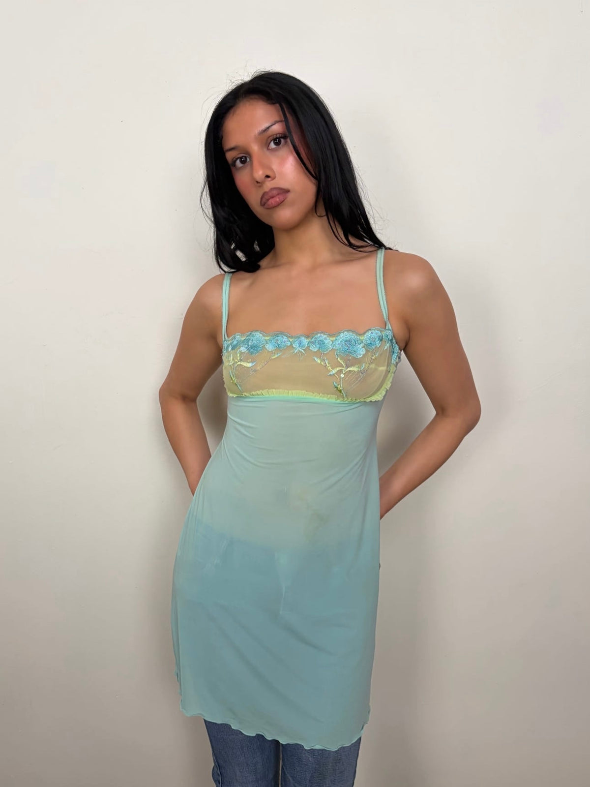 Turquoise & Green Mesh Slip Dress - Size S