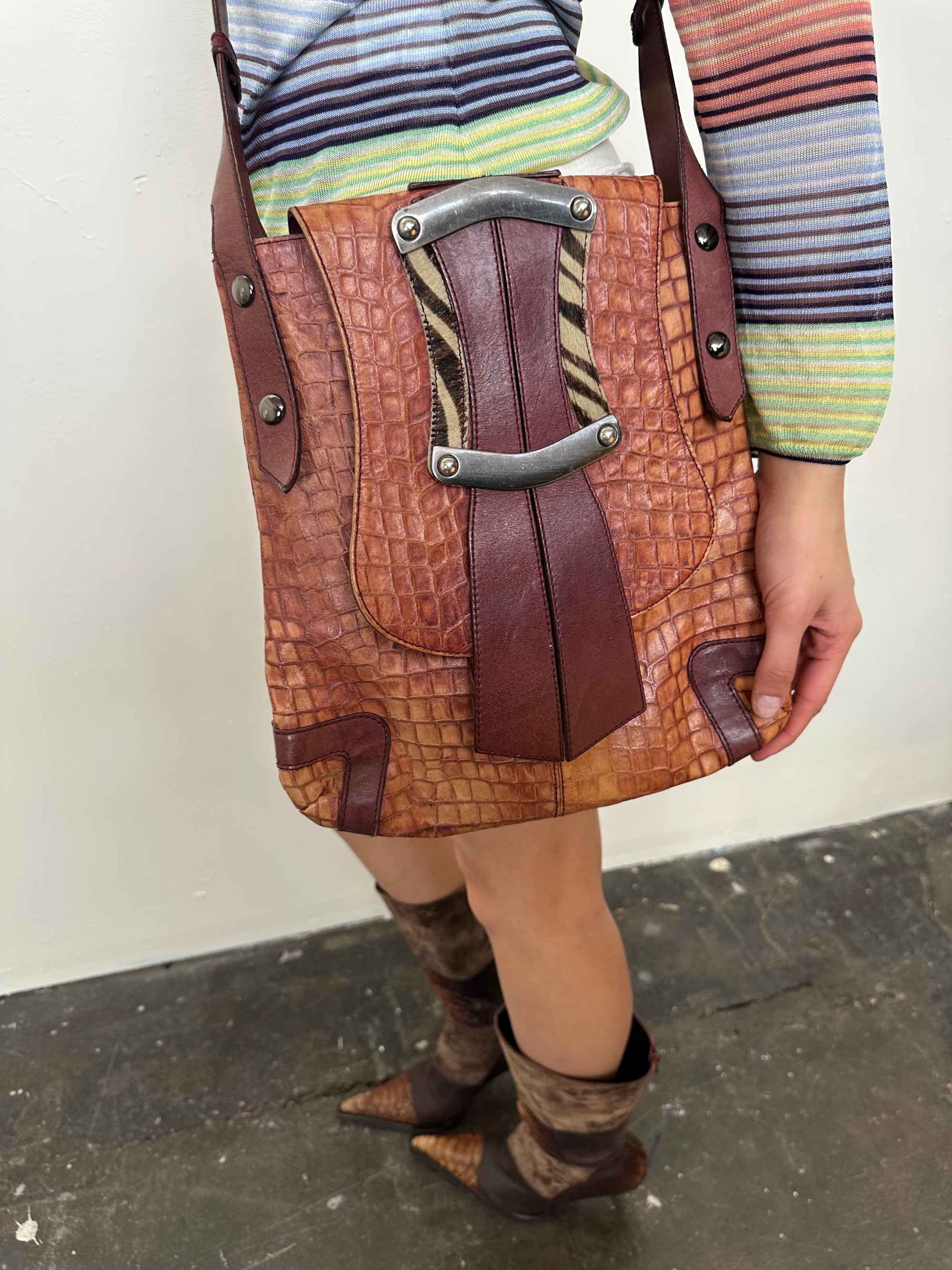 Italian Leather Light Brown Croc Satchel Bag