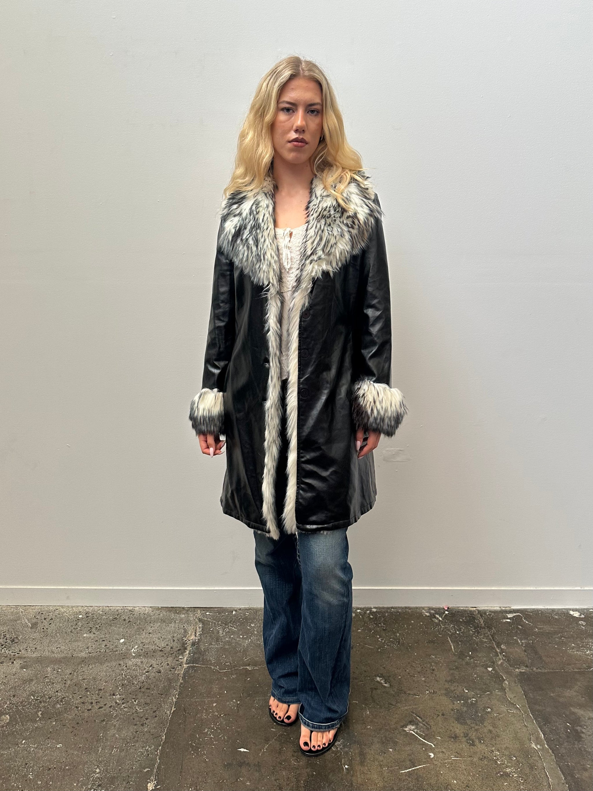 Black Pleather & White Faux Fur Coat - Size M