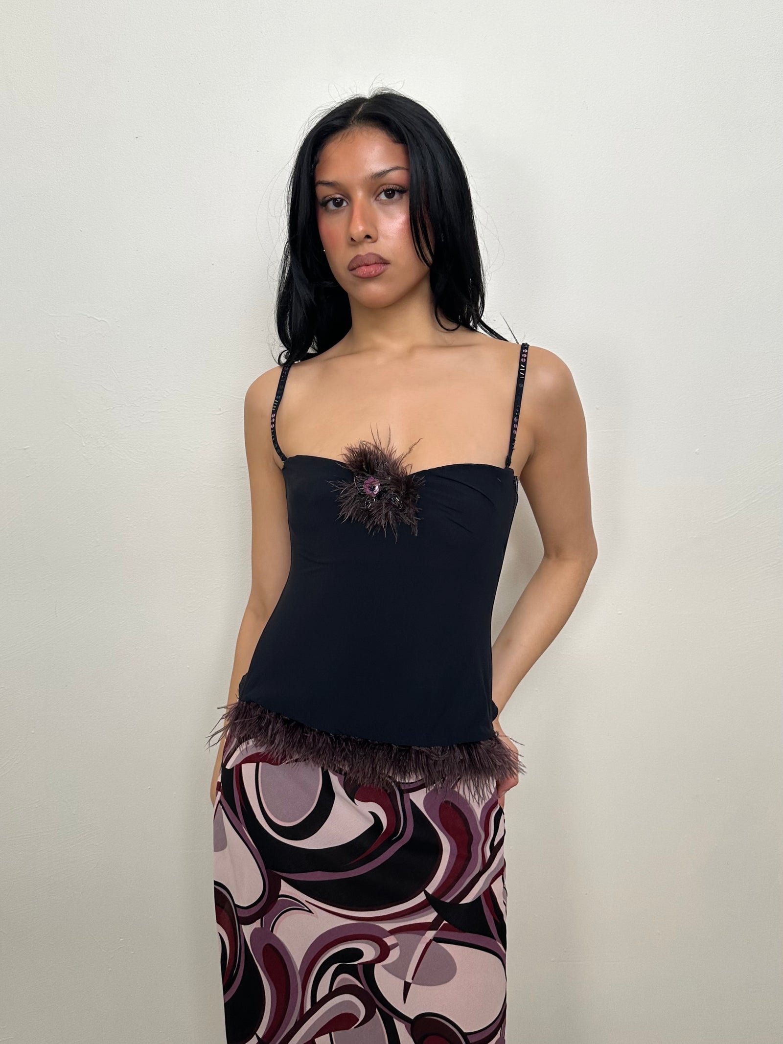 Feather Trimmed Black Corset - Size S