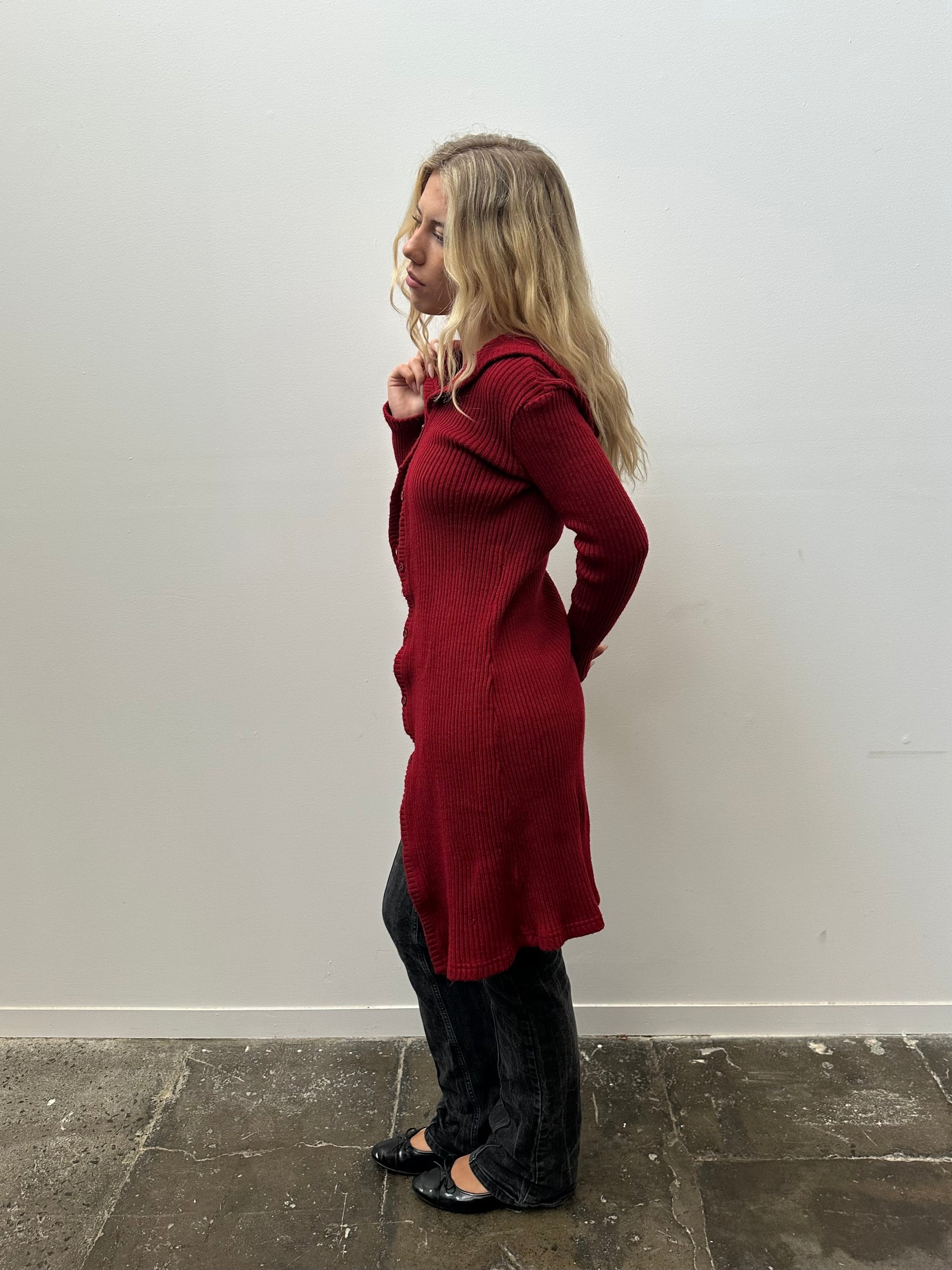 Red Ribbed Maxi Cardigan - Size M