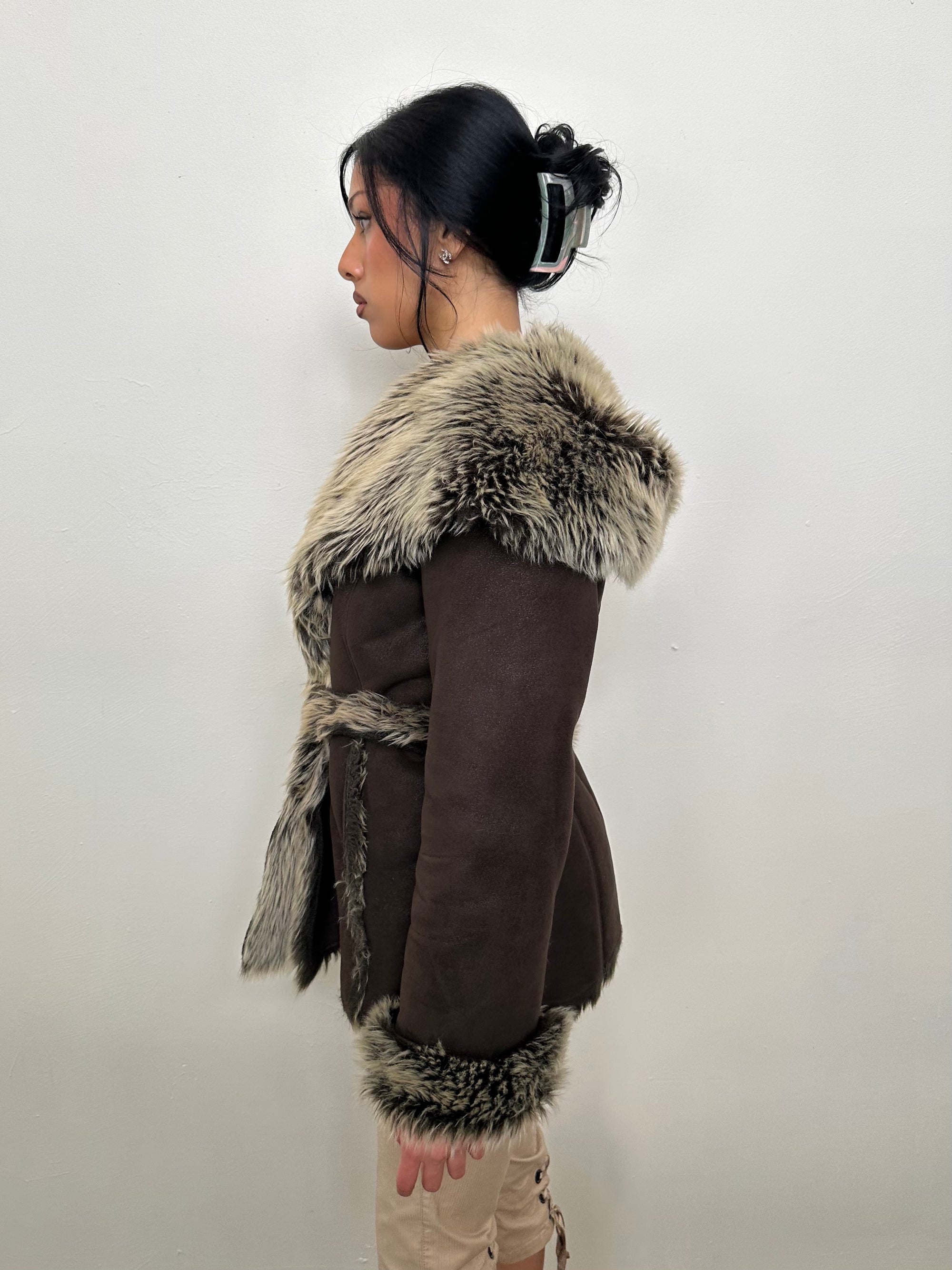 Brown Faux Fur Hooded Jacket - Size M