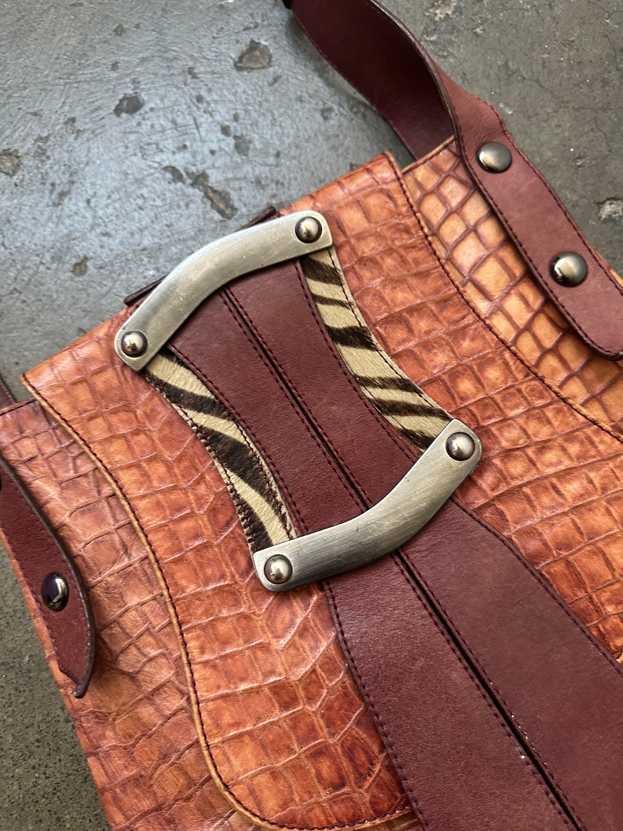 Italian Leather Light Brown Croc Satchel Bag
