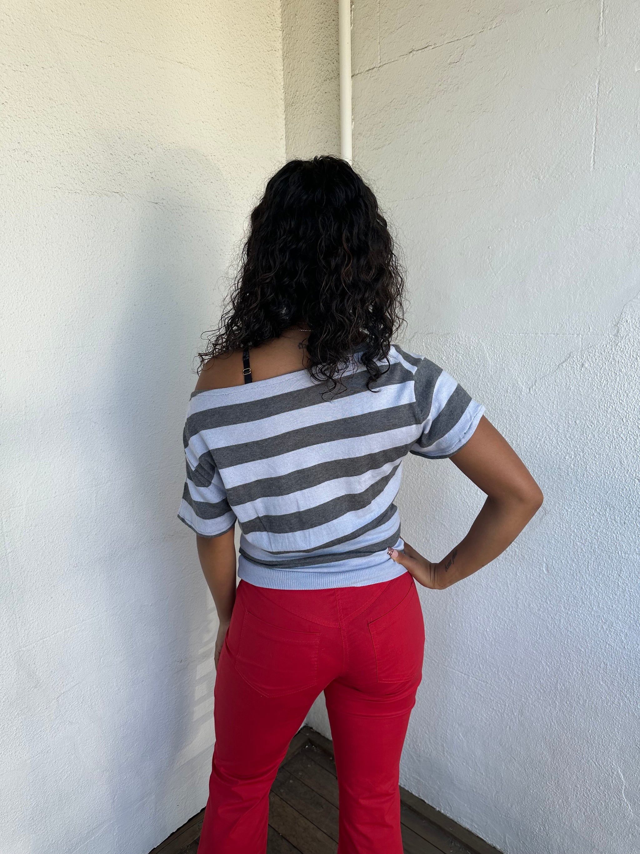 Grey Stripe Off Shoulder Knit Top - Size S