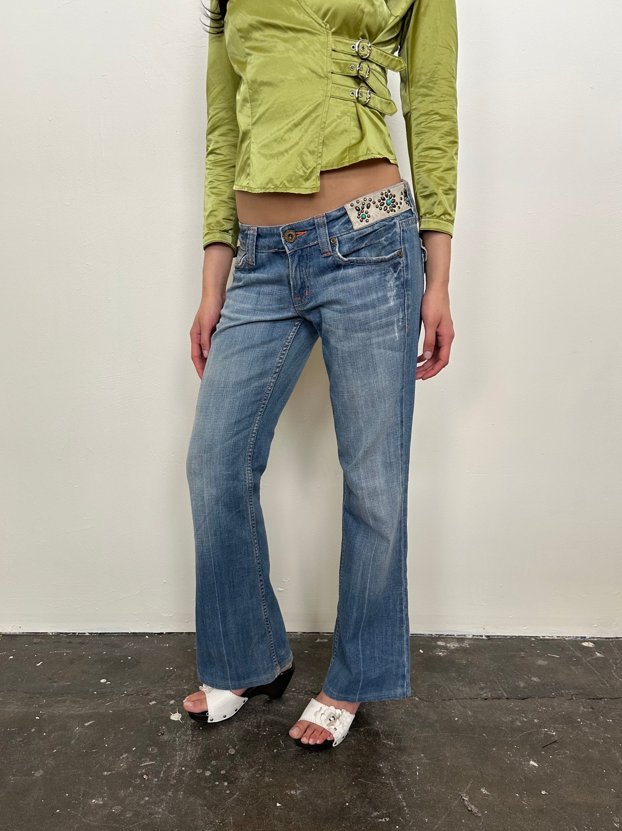 Miss Me Turquoise Studded Low-rise Bootcut Jeans - Size S