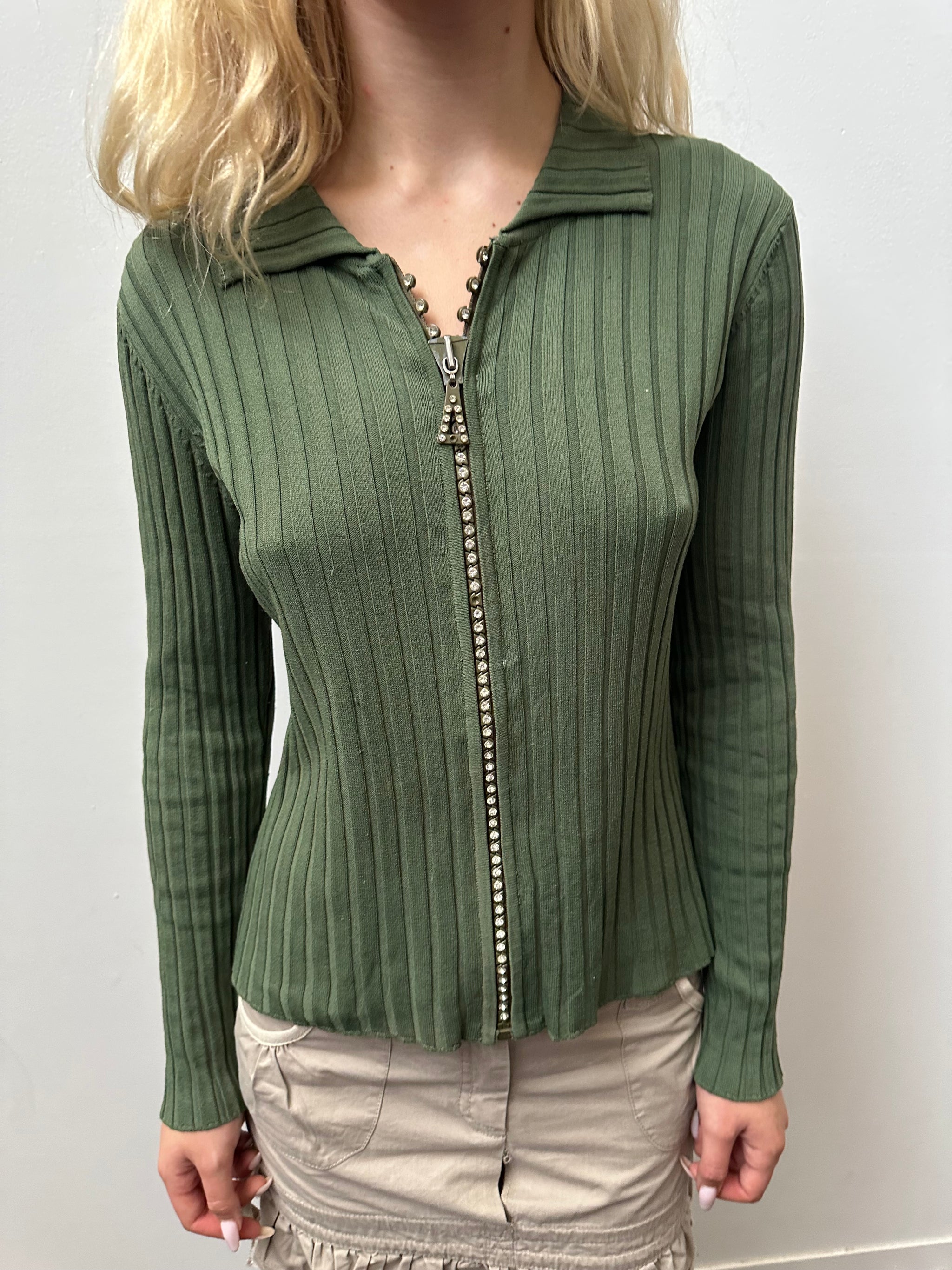 Green Ribbed Rhinestone Zip Up Shirt - Size M